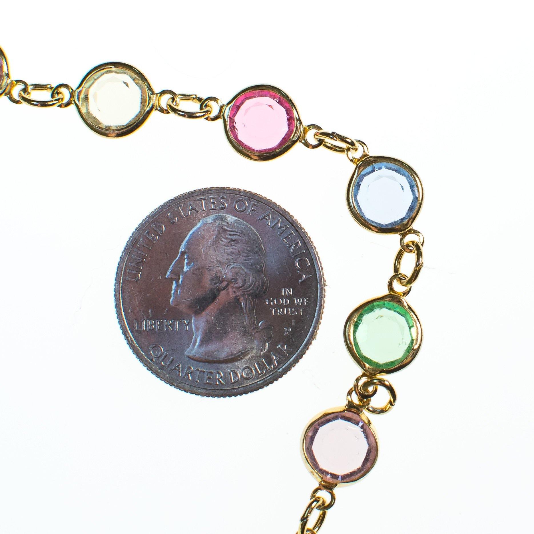 Vintage Pastel Rainbow Austrian Bezel Crystal Necklace, Spring Ring Clasp, Gold Tone, Pink, Blue, Light Green by Austria - Vintage Meet Modern Vintage Jewelry - Chicago, Illinois - #oldhollywoodglamour #vintagemeetmodern #designervintage #jewelrybox #antiquejewelry #vintagejewelry