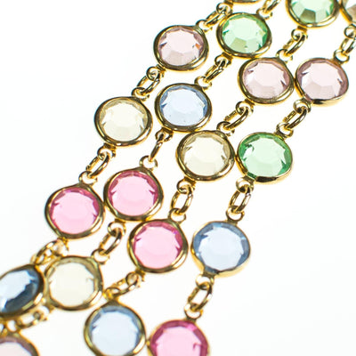 Vintage Pastel Rainbow Austrian Bezel Crystal Necklace, Spring Ring Clasp, Gold Tone, Pink, Blue, Light Green by Austria - Vintage Meet Modern Vintage Jewelry - Chicago, Illinois - #oldhollywoodglamour #vintagemeetmodern #designervintage #jewelrybox #antiquejewelry #vintagejewelry