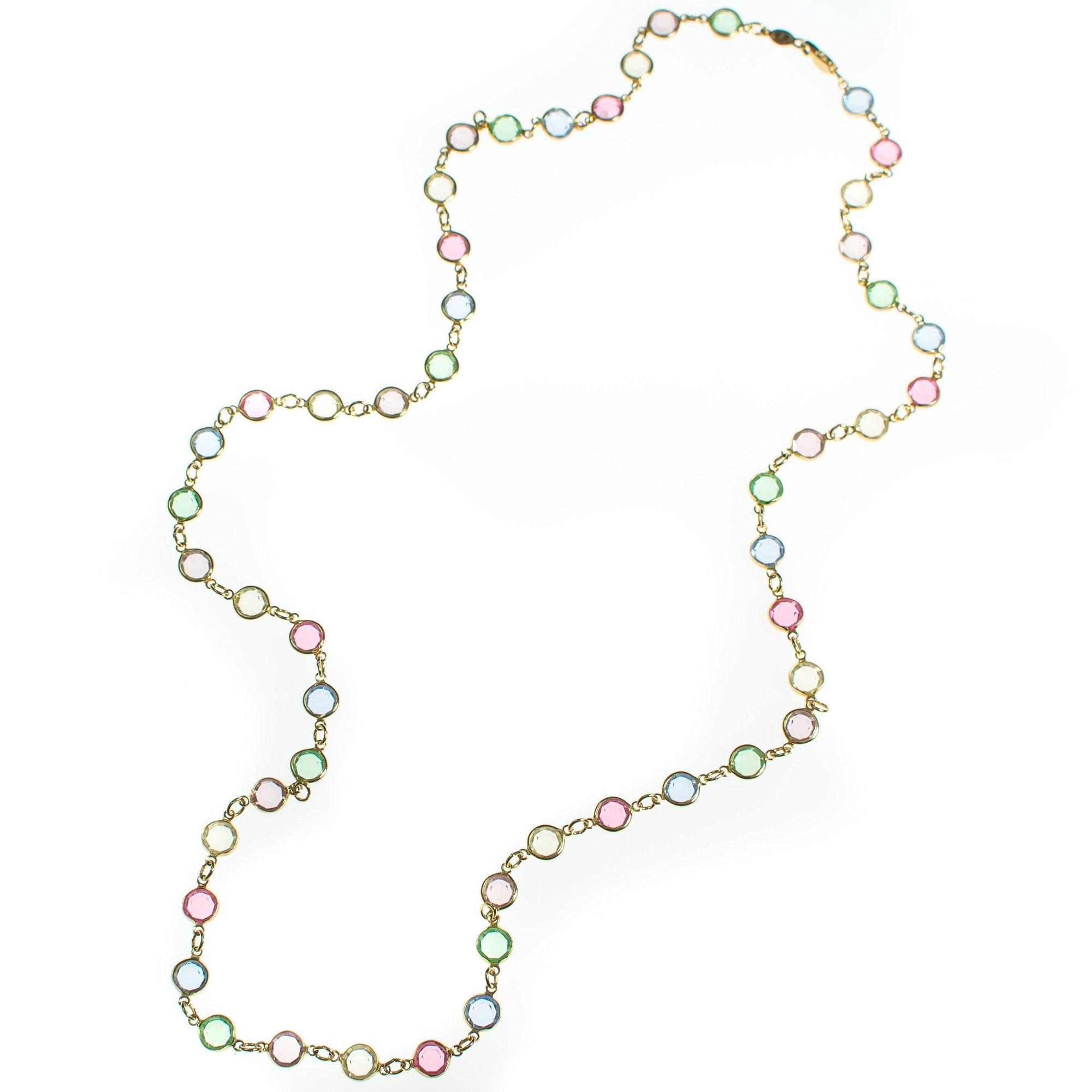 Vintage Pastel Rainbow Austrian Bezel Crystal Necklace, Spring Ring Clasp, Gold Tone, Pink, Blue, Light Green by Austria - Vintage Meet Modern Vintage Jewelry - Chicago, Illinois - #oldhollywoodglamour #vintagemeetmodern #designervintage #jewelrybox #antiquejewelry #vintagejewelry