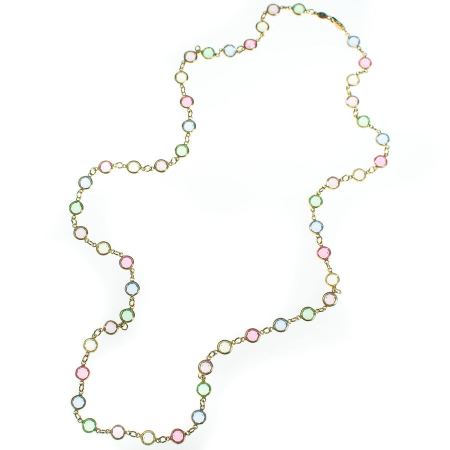 Vintage Pastel Rainbow Austrian Bezel Crystal Necklace, Spring Ring Clasp, Gold Tone, Pink, Blue, Light Green by Austria - Vintage Meet Modern Vintage Jewelry - Chicago, Illinois - #oldhollywoodglamour #vintagemeetmodern #designervintage #jewelrybox #antiquejewelry #vintagejewelry