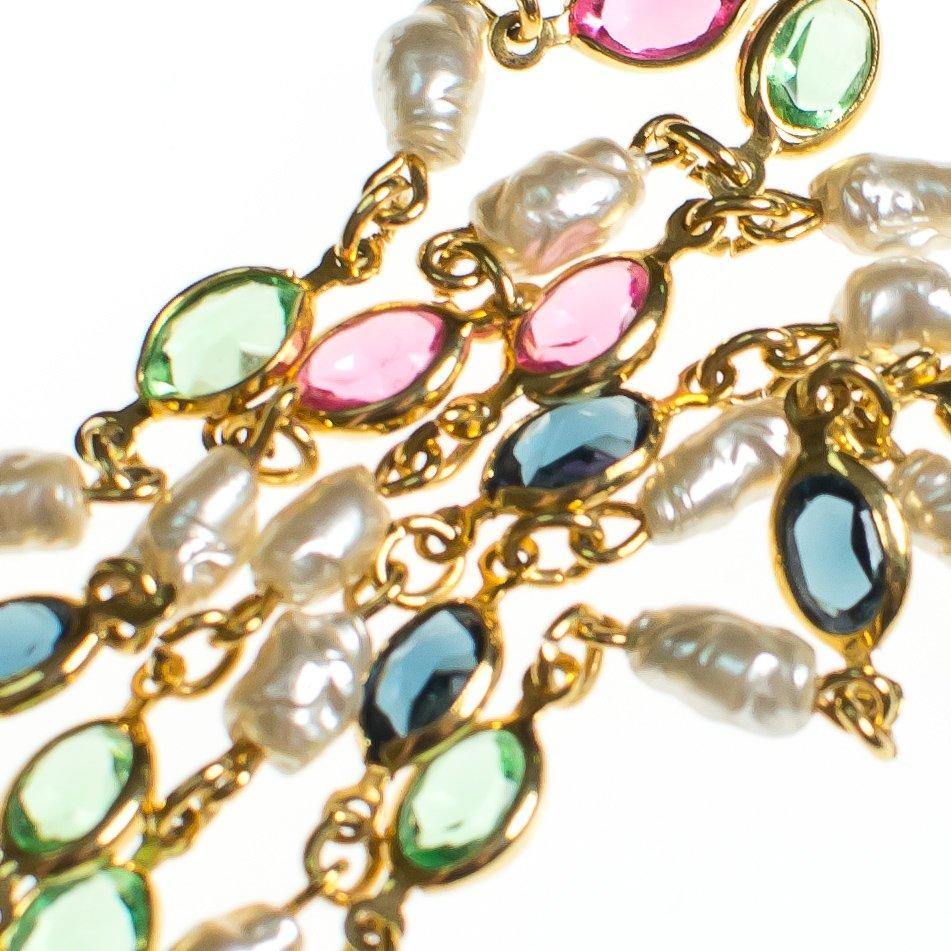 Vintage Petite Pink Blue Green Bezel Set Crystal Necklace with Genuine Freshwater Cultured Rice Pearls