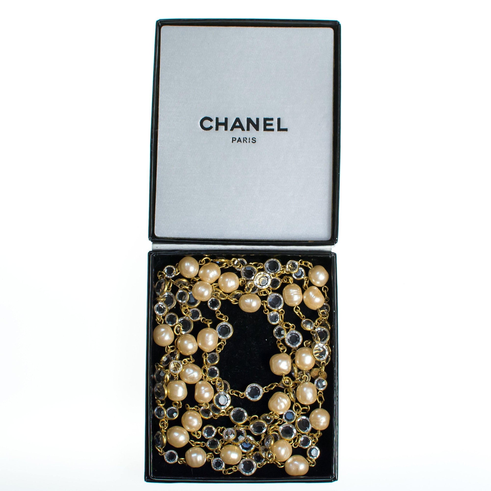 Vintage Chanel Bezel Set Crystal and Pearl Chicklet Sautoir Necklace by Chanel - Vintage Meet Modern Vintage Jewelry - Chicago, Illinois - #oldhollywoodglamour #vintagemeetmodern #designervintage #jewelrybox #antiquejewelry #vintagejewelry