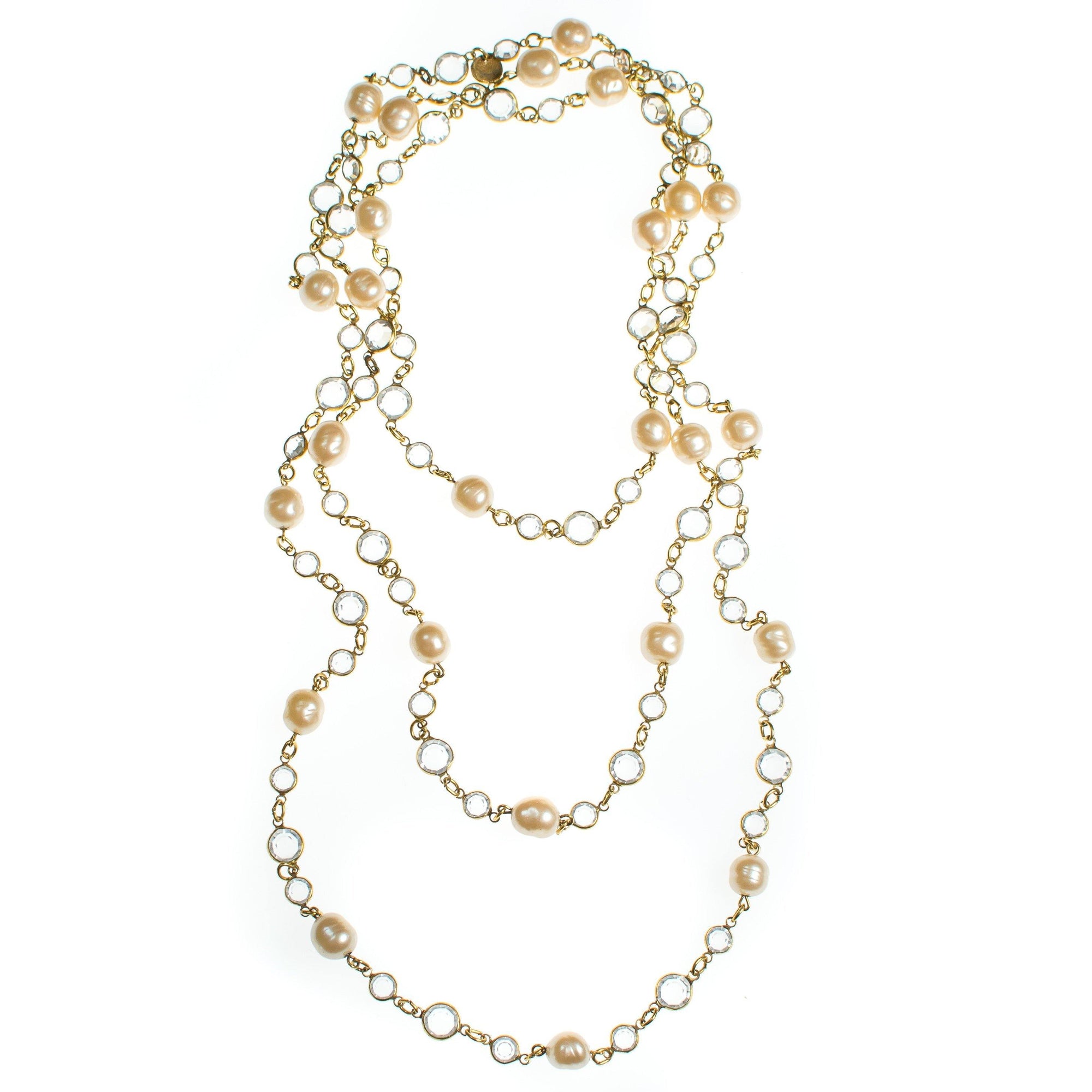 Vintage Chanel Bezel Set Crystal and Pearl Chicklet Sautoir Necklace by Chanel - Vintage Meet Modern Vintage Jewelry - Chicago, Illinois - #oldhollywoodglamour #vintagemeetmodern #designervintage #jewelrybox #antiquejewelry #vintagejewelry