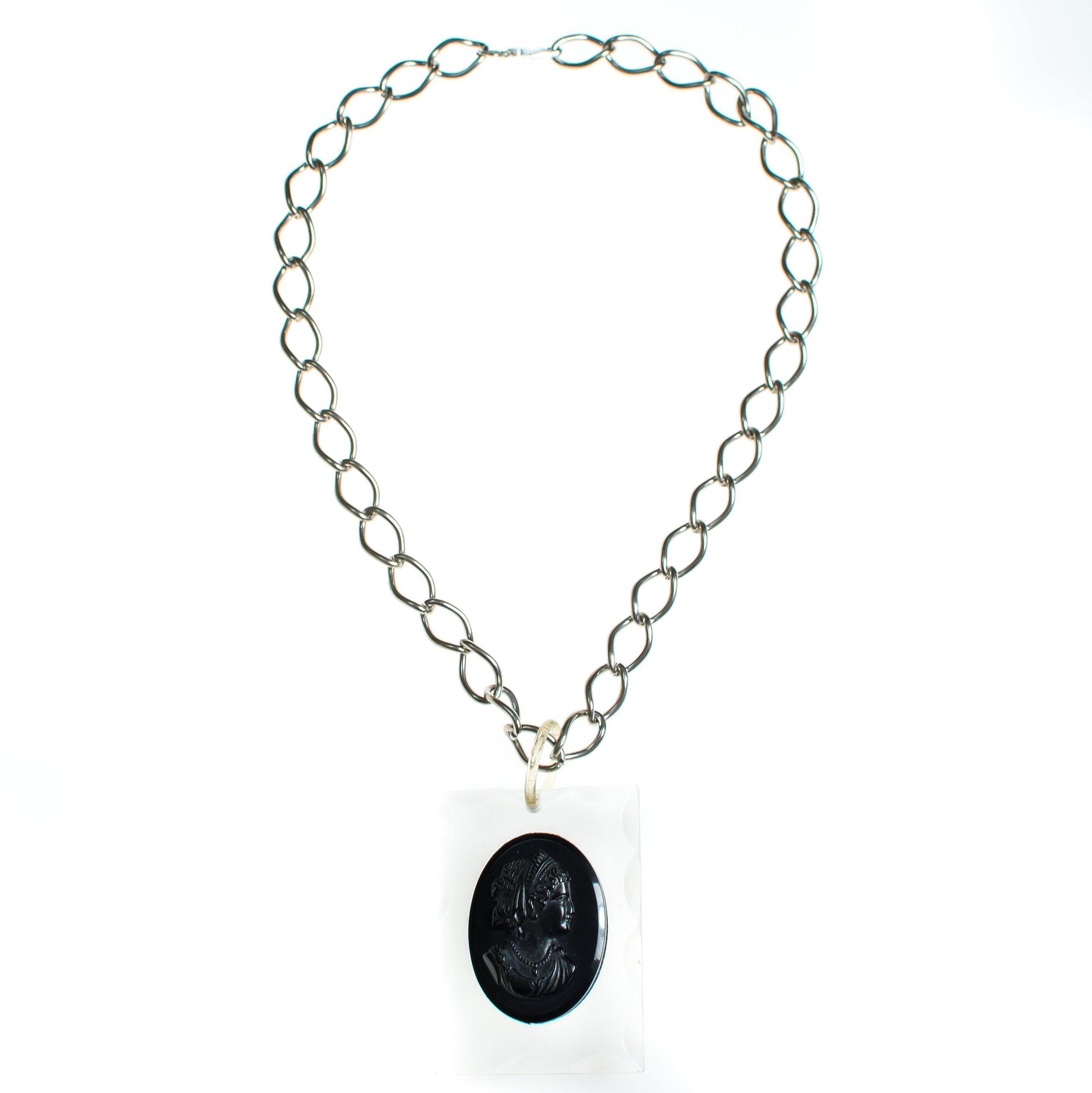 Vintage Mid Century Modern Lucite Cameo Victorian Revival Statement Necklace by 1960s - Vintage Meet Modern Vintage Jewelry - Chicago, Illinois - #oldhollywoodglamour #vintagemeetmodern #designervintage #jewelrybox #antiquejewelry #vintagejewelry