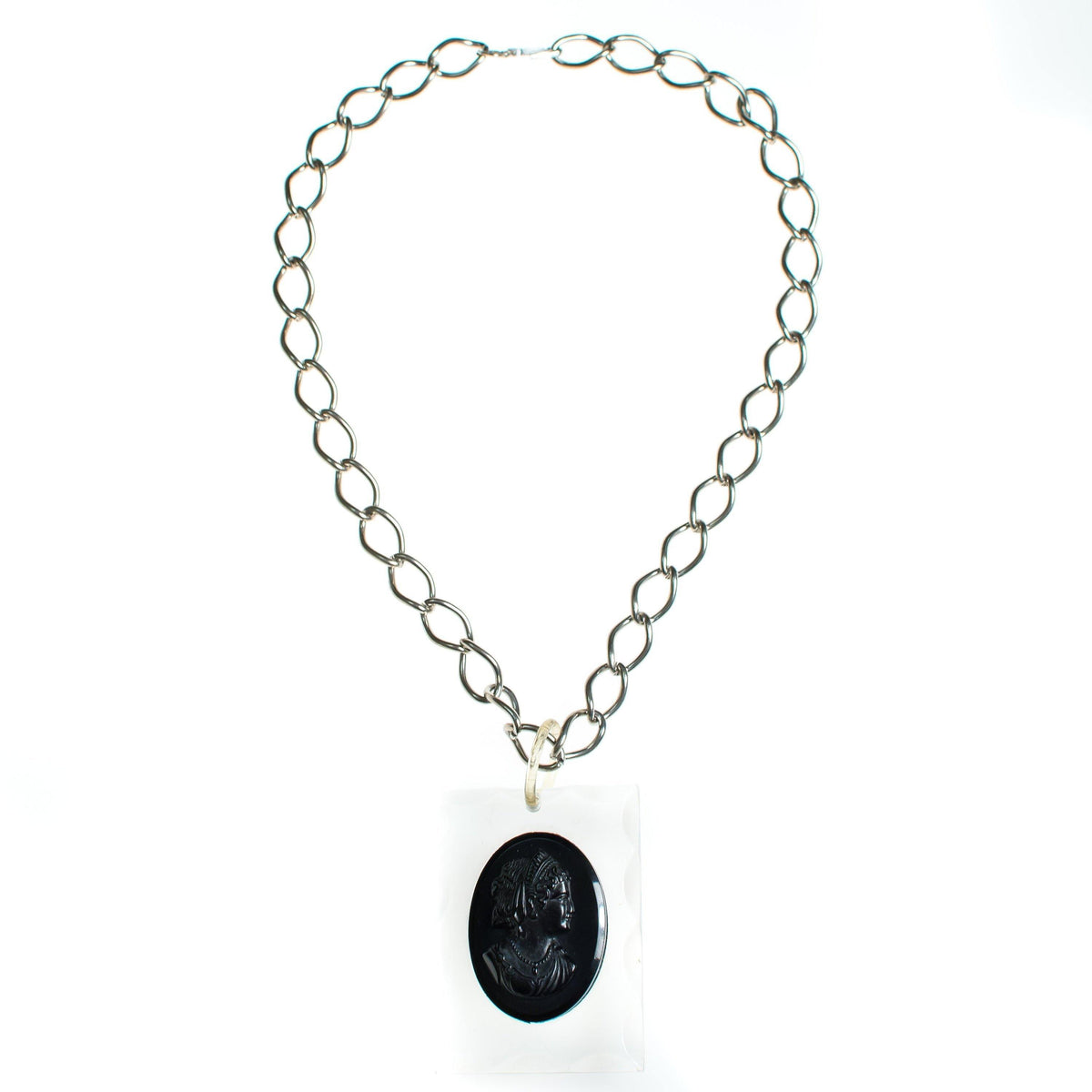 Vintage Mid Century Modern Lucite Cameo Victorian Revival Statement Necklace