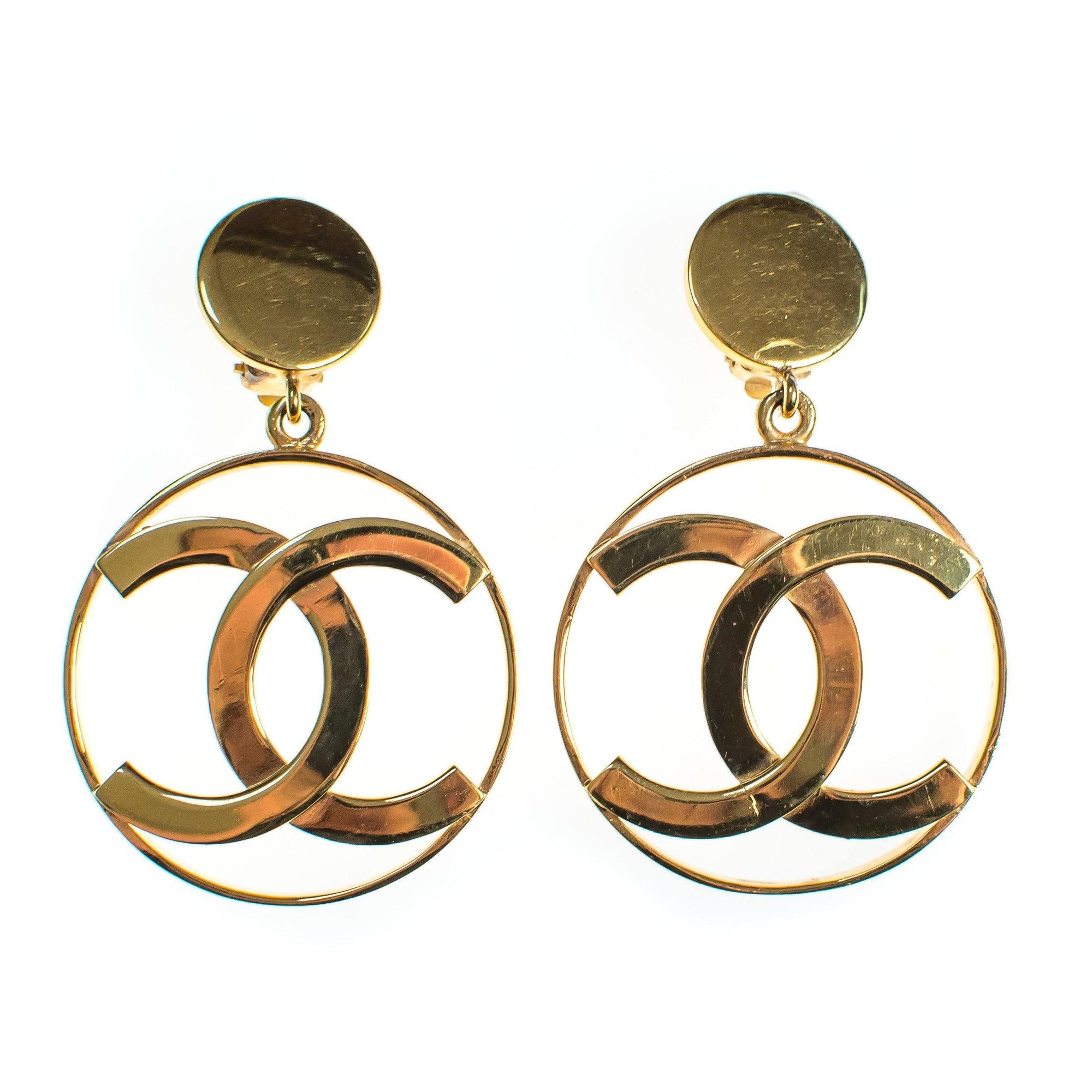 Vintage Gold Chanel CC Logo Statement Earrings by Chanel - Vintage Meet Modern Vintage Jewelry - Chicago, Illinois - #oldhollywoodglamour #vintagemeetmodern #designervintage #jewelrybox #antiquejewelry #vintagejewelry