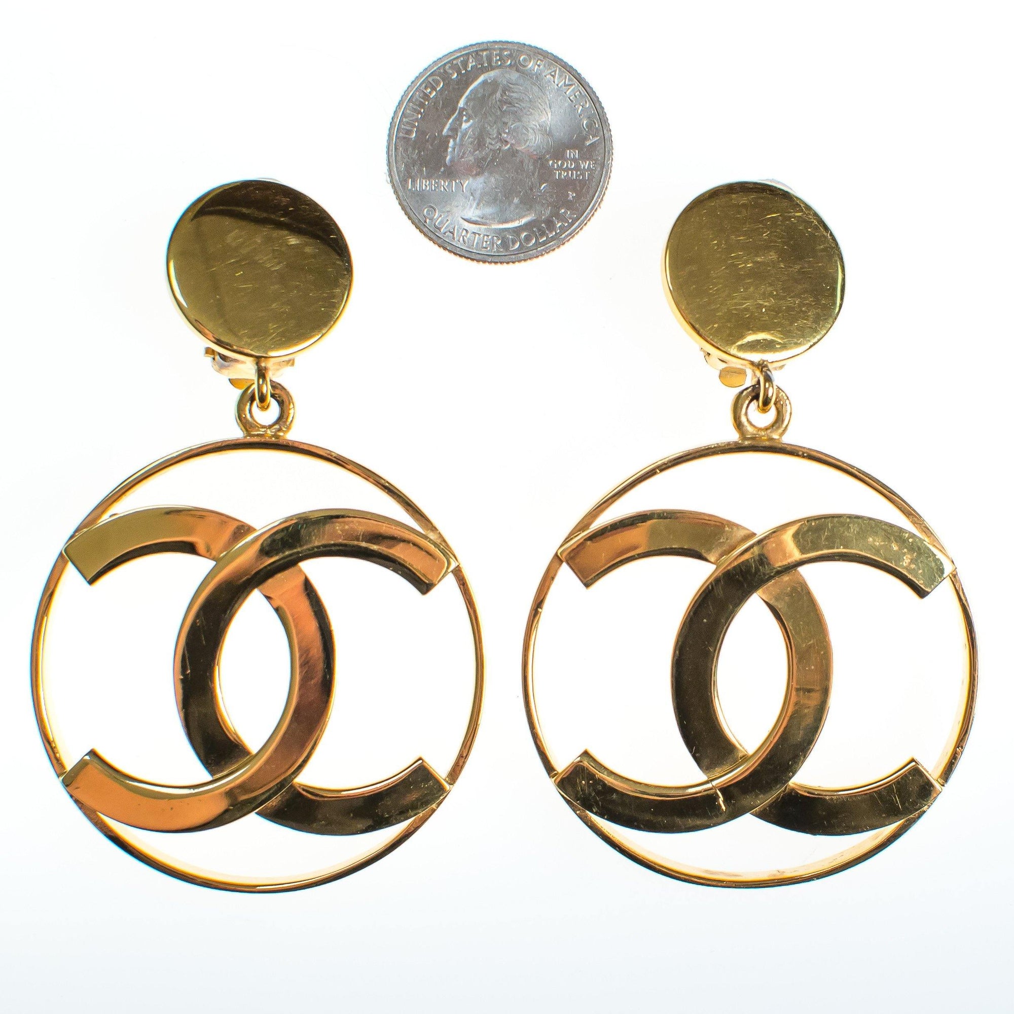 Vintage Gold Chanel CC Logo Statement Earrings by Chanel - Vintage Meet Modern Vintage Jewelry - Chicago, Illinois - #oldhollywoodglamour #vintagemeetmodern #designervintage #jewelrybox #antiquejewelry #vintagejewelry