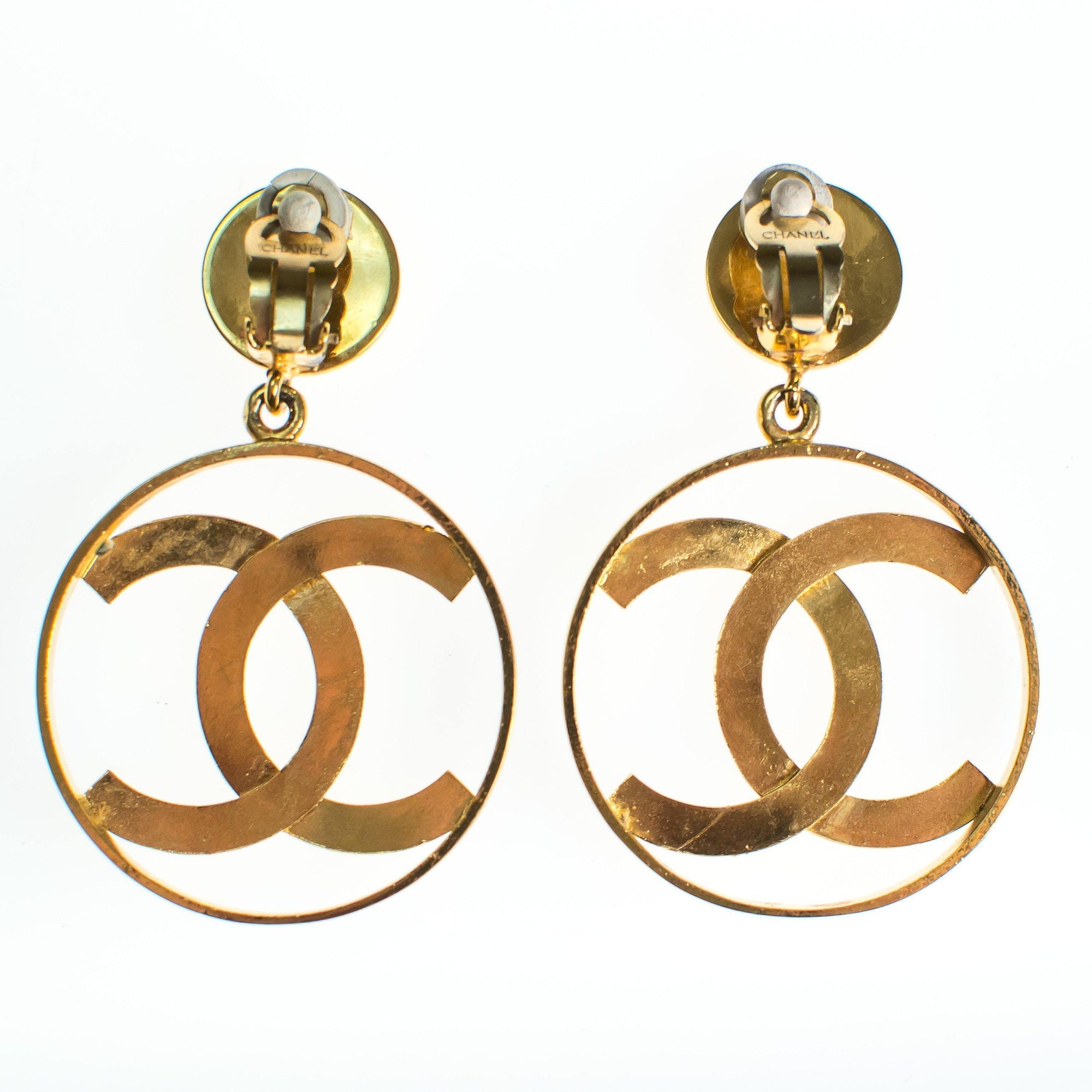 Vintage Gold Chanel CC Logo Statement Earrings by Chanel - Vintage Meet Modern Vintage Jewelry - Chicago, Illinois - #oldhollywoodglamour #vintagemeetmodern #designervintage #jewelrybox #antiquejewelry #vintagejewelry