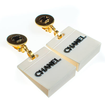 Vintage Chanel Black and White Shopping Bag Statement Earrings by Chanel - Vintage Meet Modern Vintage Jewelry - Chicago, Illinois - #oldhollywoodglamour #vintagemeetmodern #designervintage #jewelrybox #antiquejewelry #vintagejewelry