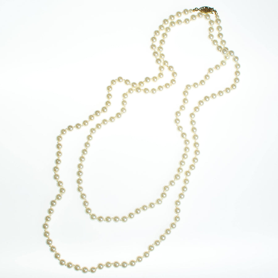 Vintage Faux Creamy Ivory Long Pearl Necklace, Gold Tone Hook/Slide Clasp by Pearls - Vintage Meet Modern Vintage Jewelry - Chicago, Illinois - #oldhollywoodglamour #vintagemeetmodern #designervintage #jewelrybox #antiquejewelry #vintagejewelry