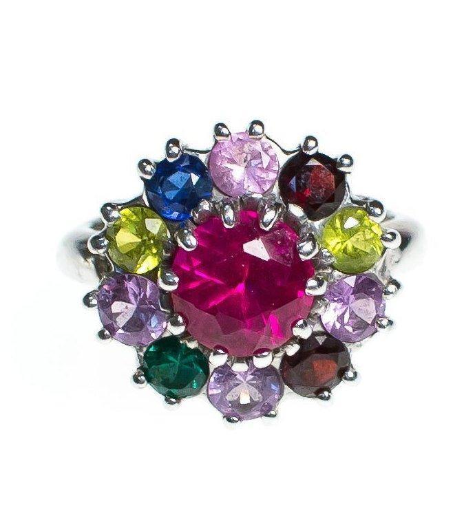 Vintage Rainbow Gemstone Sterling Silver Statement Ring Ruby Sapphire Pink Tourmaline Peridot Citrine Size 6