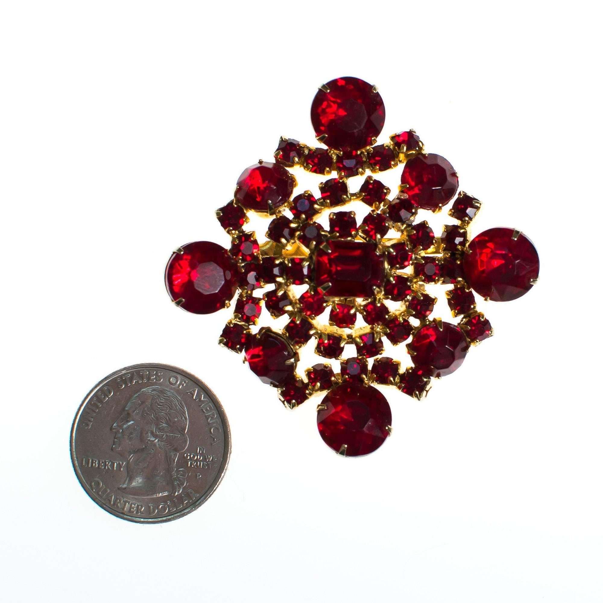 Vintage Red Rhinestone Brooch by 1950s - Vintage Meet Modern Vintage Jewelry - Chicago, Illinois - #oldhollywoodglamour #vintagemeetmodern #designervintage #jewelrybox #antiquejewelry #vintagejewelry