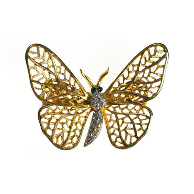 Vintage Capri Gold Butterfly Brooch with Pave Rhinestones and Emerald Crystal Eyes by Capri - Vintage Meet Modern Vintage Jewelry - Chicago, Illinois - #oldhollywoodglamour #vintagemeetmodern #designervintage #jewelrybox #antiquejewelry #vintagejewelry