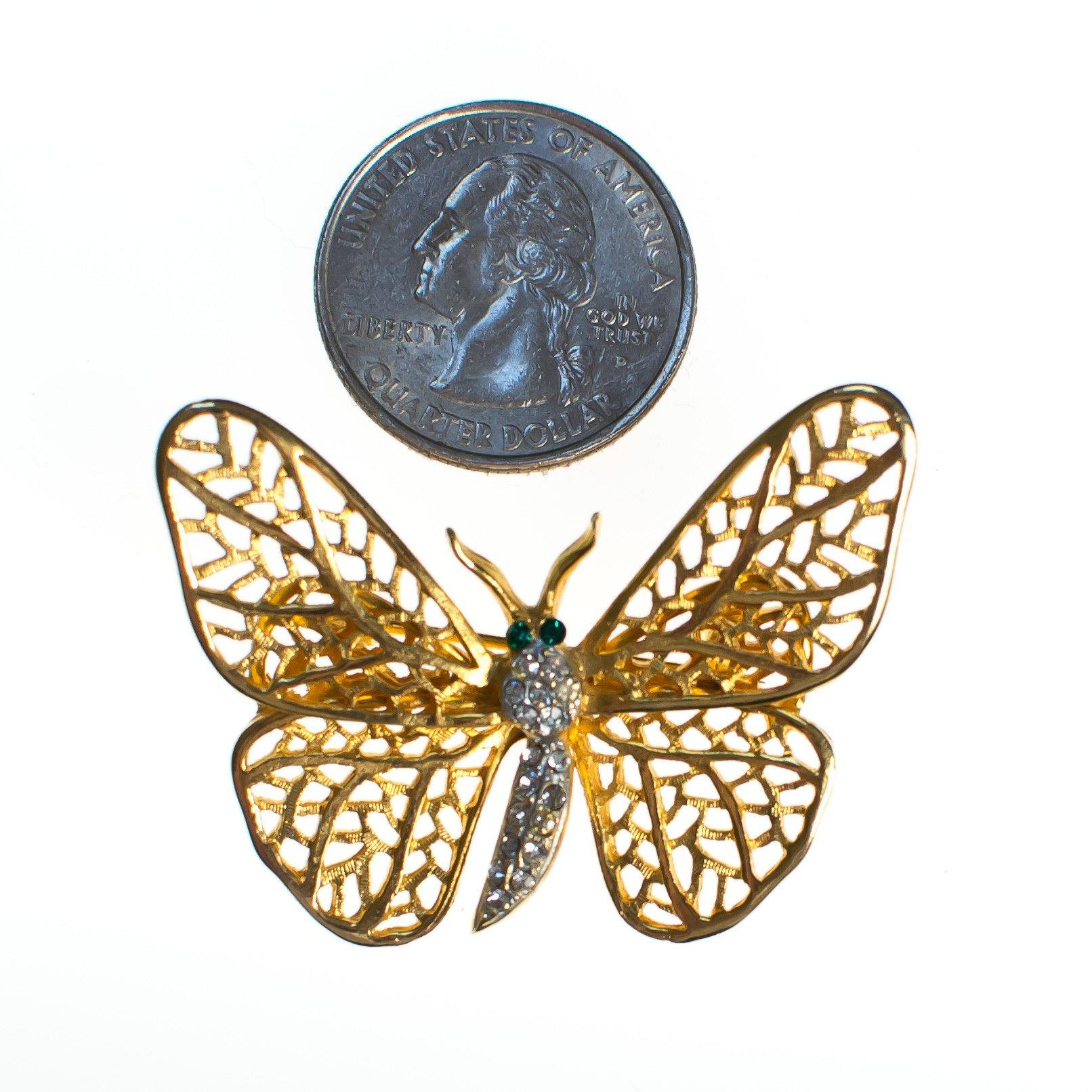 Vintage Capri Gold Butterfly Brooch with Pave Rhinestones and Emerald Crystal Eyes by Capri - Vintage Meet Modern Vintage Jewelry - Chicago, Illinois - #oldhollywoodglamour #vintagemeetmodern #designervintage #jewelrybox #antiquejewelry #vintagejewelry