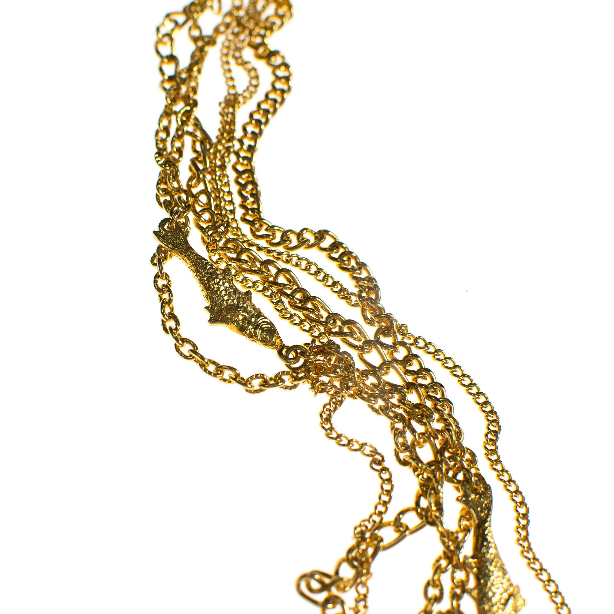 Vintage Long Gold Chatelaine Brooch with Jumping Koi Fish by 1980s - Vintage Meet Modern Vintage Jewelry - Chicago, Illinois - #oldhollywoodglamour #vintagemeetmodern #designervintage #jewelrybox #antiquejewelry #vintagejewelry