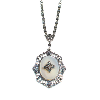 Vintage Edwardian Revival Mother of Pearl Pendant Silver Necklace, Long Pendant Necklace by 1970s - Vintage Meet Modern Vintage Jewelry - Chicago, Illinois - #oldhollywoodglamour #vintagemeetmodern #designervintage #jewelrybox #antiquejewelry #vintagejewelry
