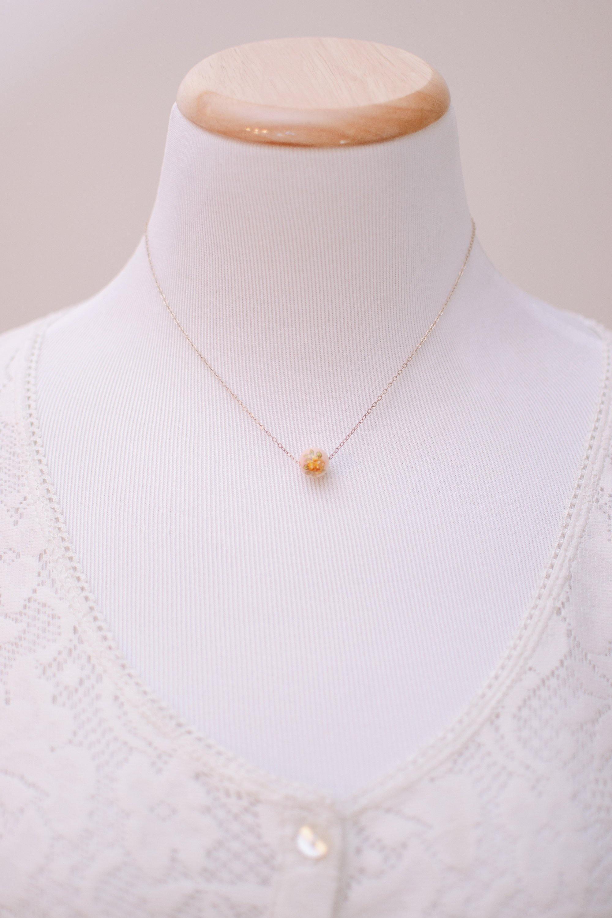 1970s Dainty Gold Filled Necklace with Yellow Rose on Pink Bead, New Old Stock Minimalist by 1970s - Vintage Meet Modern Vintage Jewelry - Chicago, Illinois - #oldhollywoodglamour #vintagemeetmodern #designervintage #jewelrybox #antiquejewelry #vintagejewelry