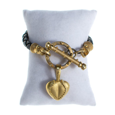 Vintage Braided Leather Bracelet with Gold Heart Charm by 1990s - Vintage Meet Modern Vintage Jewelry - Chicago, Illinois - #oldhollywoodglamour #vintagemeetmodern #designervintage #jewelrybox #antiquejewelry #vintagejewelry