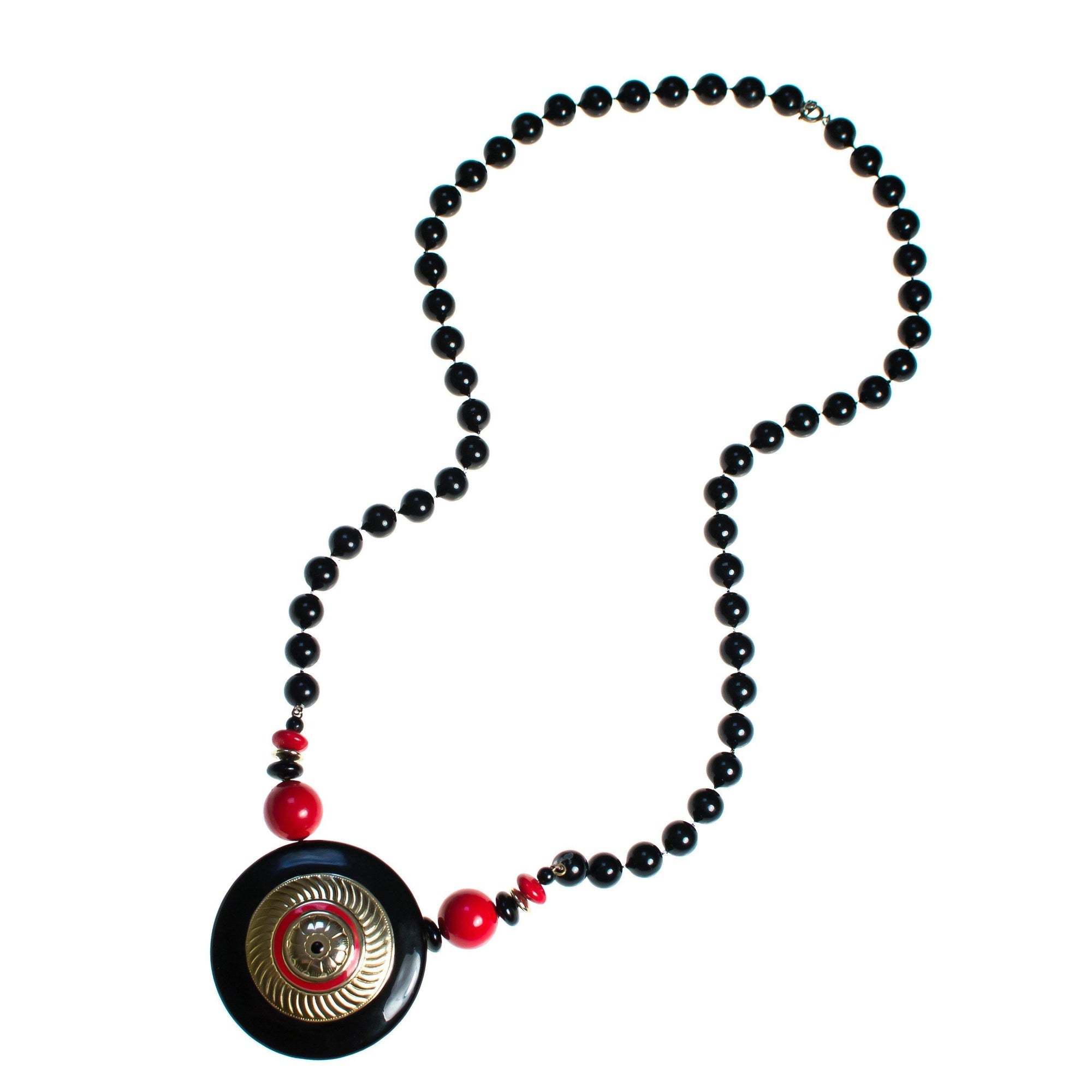Vintage 1970s Black Gold and Red Medallion Necklace by 1970s - Vintage Meet Modern Vintage Jewelry - Chicago, Illinois - #oldhollywoodglamour #vintagemeetmodern #designervintage #jewelrybox #antiquejewelry #vintagejewelry