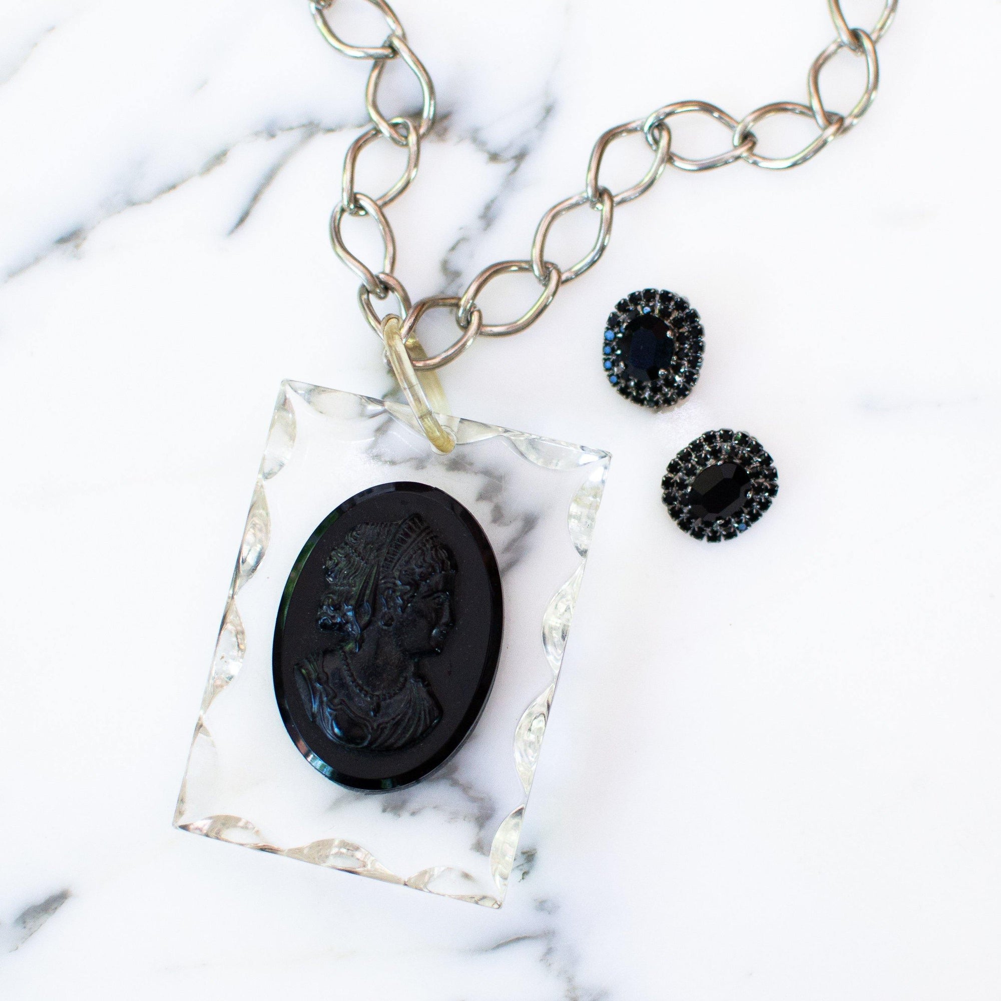 Vintage Mid Century Modern Lucite Cameo Victorian Revival Statement Necklace by 1960s - Vintage Meet Modern Vintage Jewelry - Chicago, Illinois - #oldhollywoodglamour #vintagemeetmodern #designervintage #jewelrybox #antiquejewelry #vintagejewelry