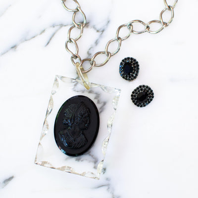 Vintage Mid Century Modern Lucite Cameo Victorian Revival Statement Necklace by 1960s - Vintage Meet Modern Vintage Jewelry - Chicago, Illinois - #oldhollywoodglamour #vintagemeetmodern #designervintage #jewelrybox #antiquejewelry #vintagejewelry
