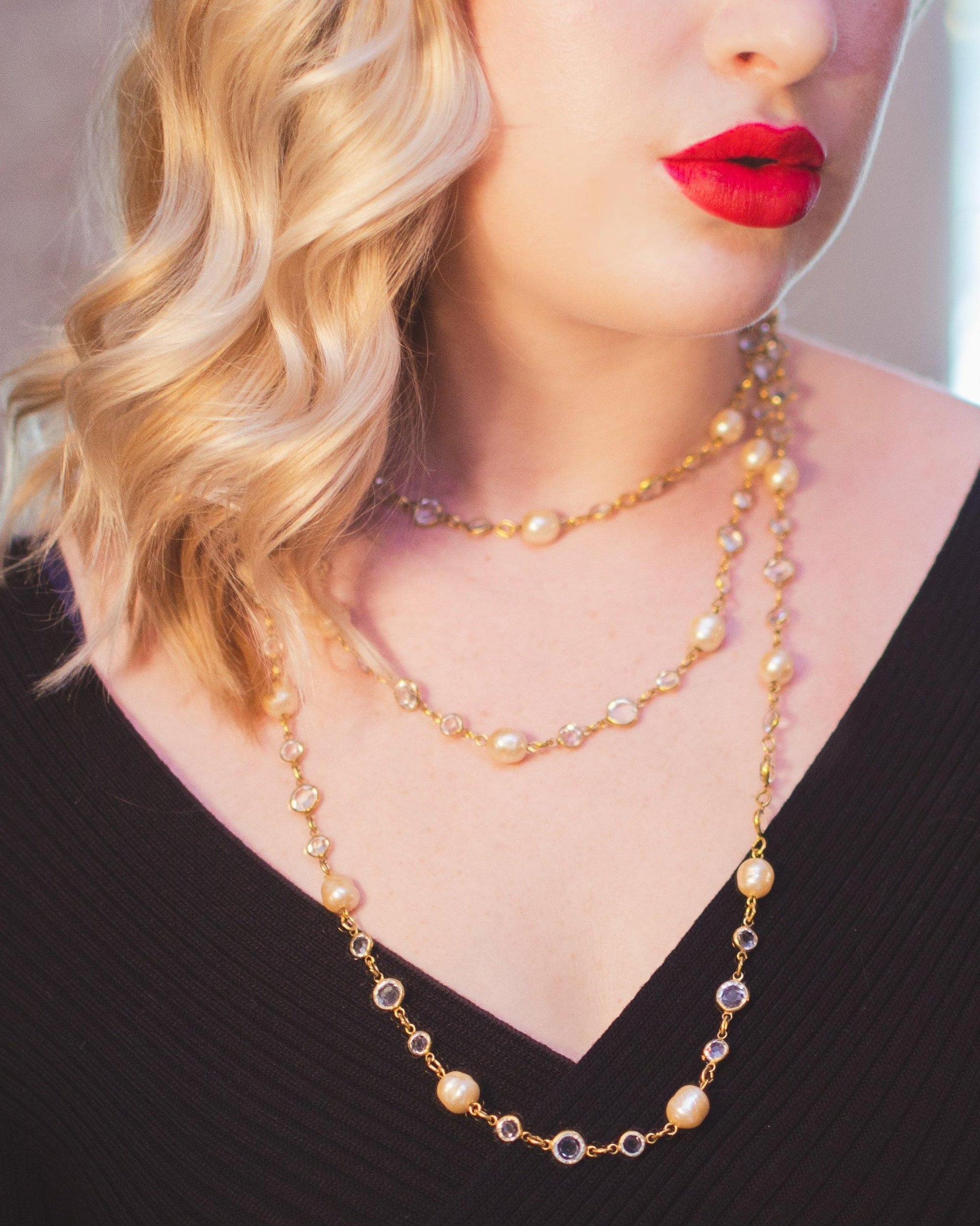 Vintage Chanel Bezel Set Crystal and Pearl Chicklet Sautoir Necklace by Chanel - Vintage Meet Modern Vintage Jewelry - Chicago, Illinois - #oldhollywoodglamour #vintagemeetmodern #designervintage #jewelrybox #antiquejewelry #vintagejewelry