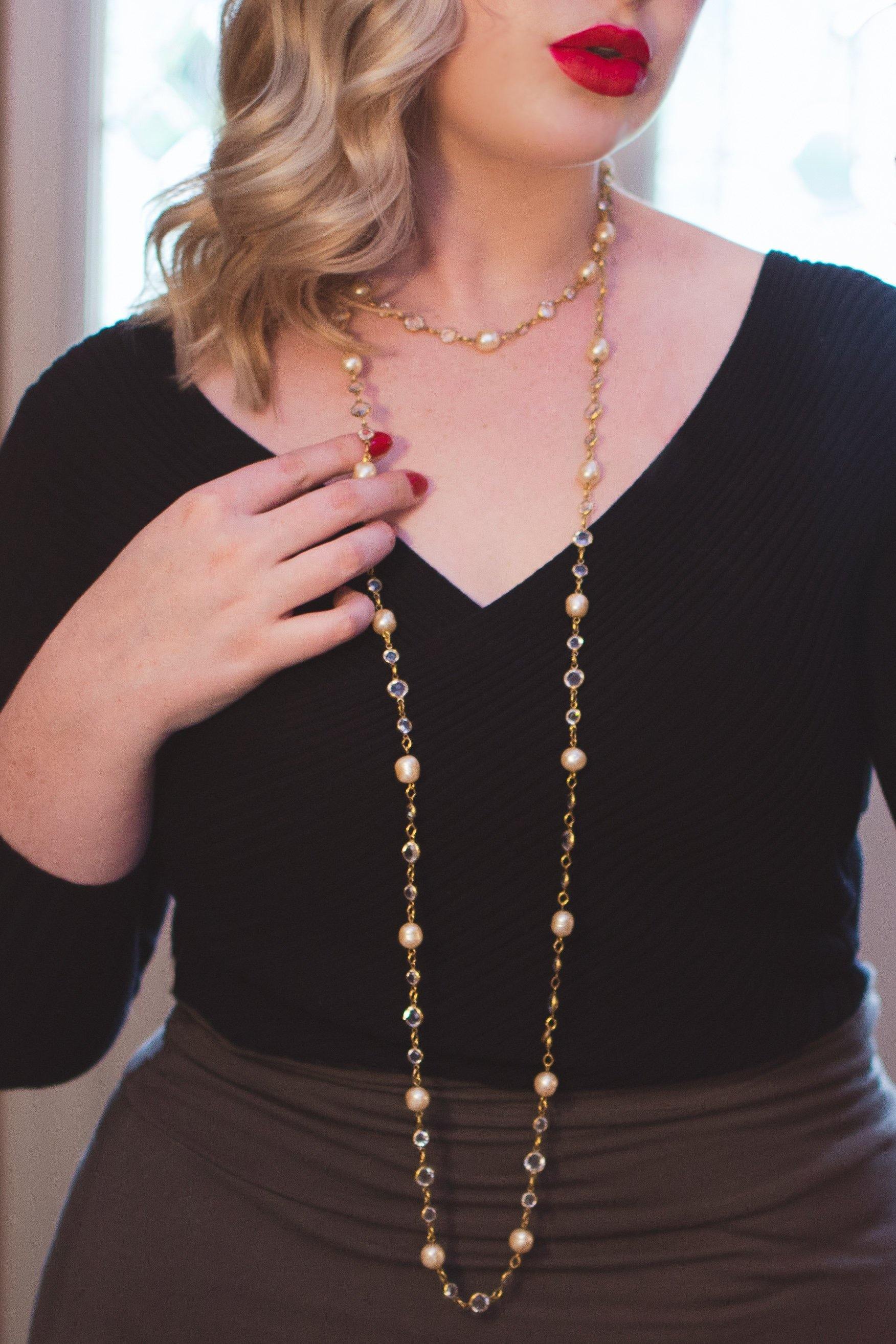 Vintage Chanel Bezel Set Crystal and Pearl Chicklet Sautoir Necklace by Chanel - Vintage Meet Modern Vintage Jewelry - Chicago, Illinois - #oldhollywoodglamour #vintagemeetmodern #designervintage #jewelrybox #antiquejewelry #vintagejewelry