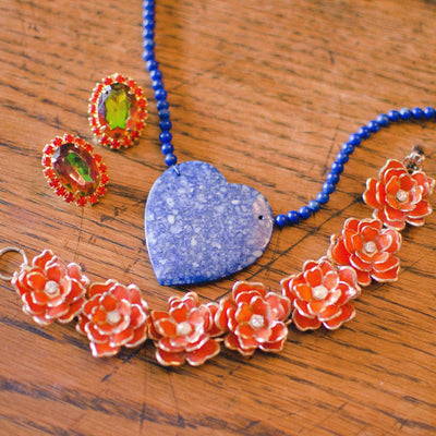 Vintage Karla Jordan Blue Speckled Sodalite Heart Pendant Beaded Necklace by Karla Jordan - Vintage Meet Modern Vintage Jewelry - Chicago, Illinois - #oldhollywoodglamour #vintagemeetmodern #designervintage #jewelrybox #antiquejewelry #vintagejewelry