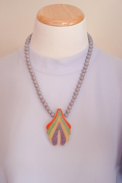 Vintage Karla Jordan Colorful Yellow, Orange, Lavender, Orange, Green Crushed Gemstone Inlay Pendant Necklace by Karla Jordan - Vintage Meet Modern Vintage Jewelry - Chicago, Illinois - #oldhollywoodglamour #vintagemeetmodern #designervintage #jewelrybox #antiquejewelry #vintagejewelry