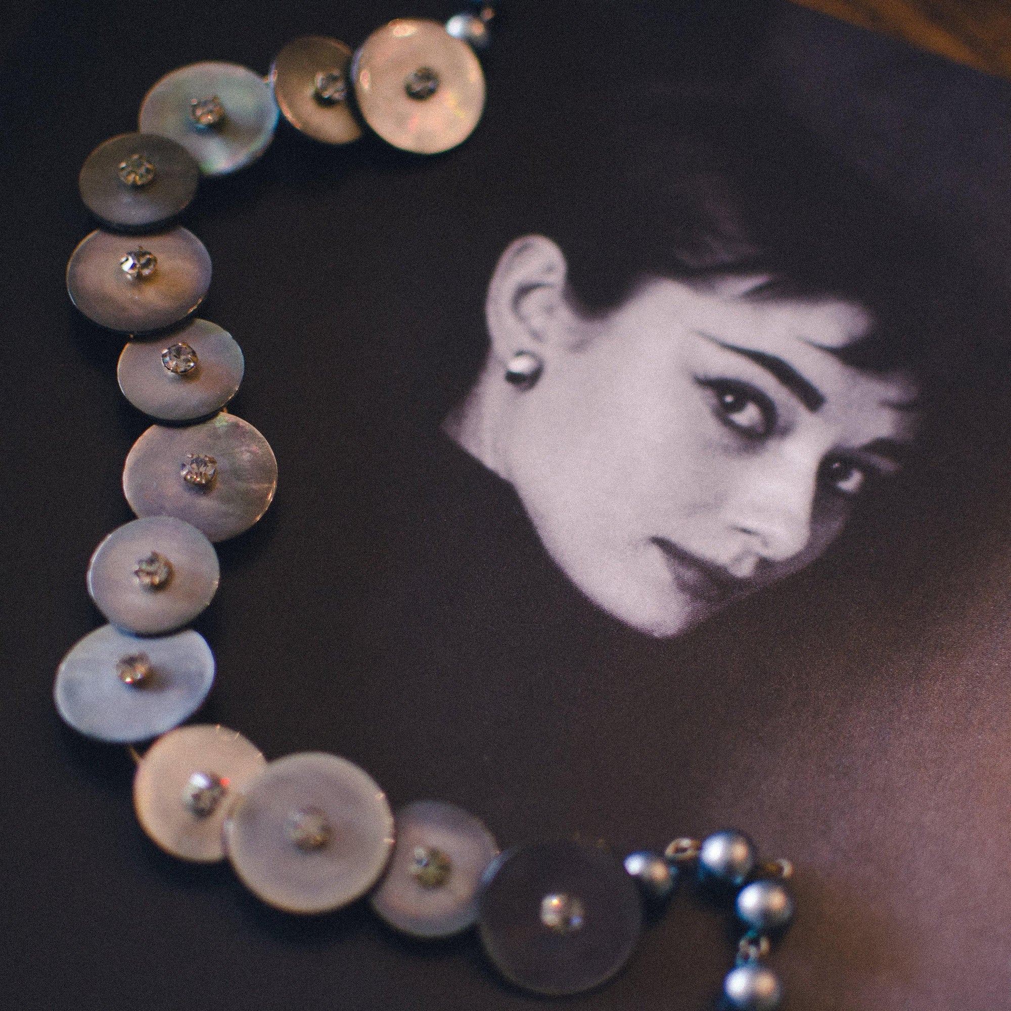 Vintage Gray Mother Of Pearl Button Necklace with Rhinestones by Mother of Pearl - Vintage Meet Modern Vintage Jewelry - Chicago, Illinois - #oldhollywoodglamour #vintagemeetmodern #designervintage #jewelrybox #antiquejewelry #vintagejewelry