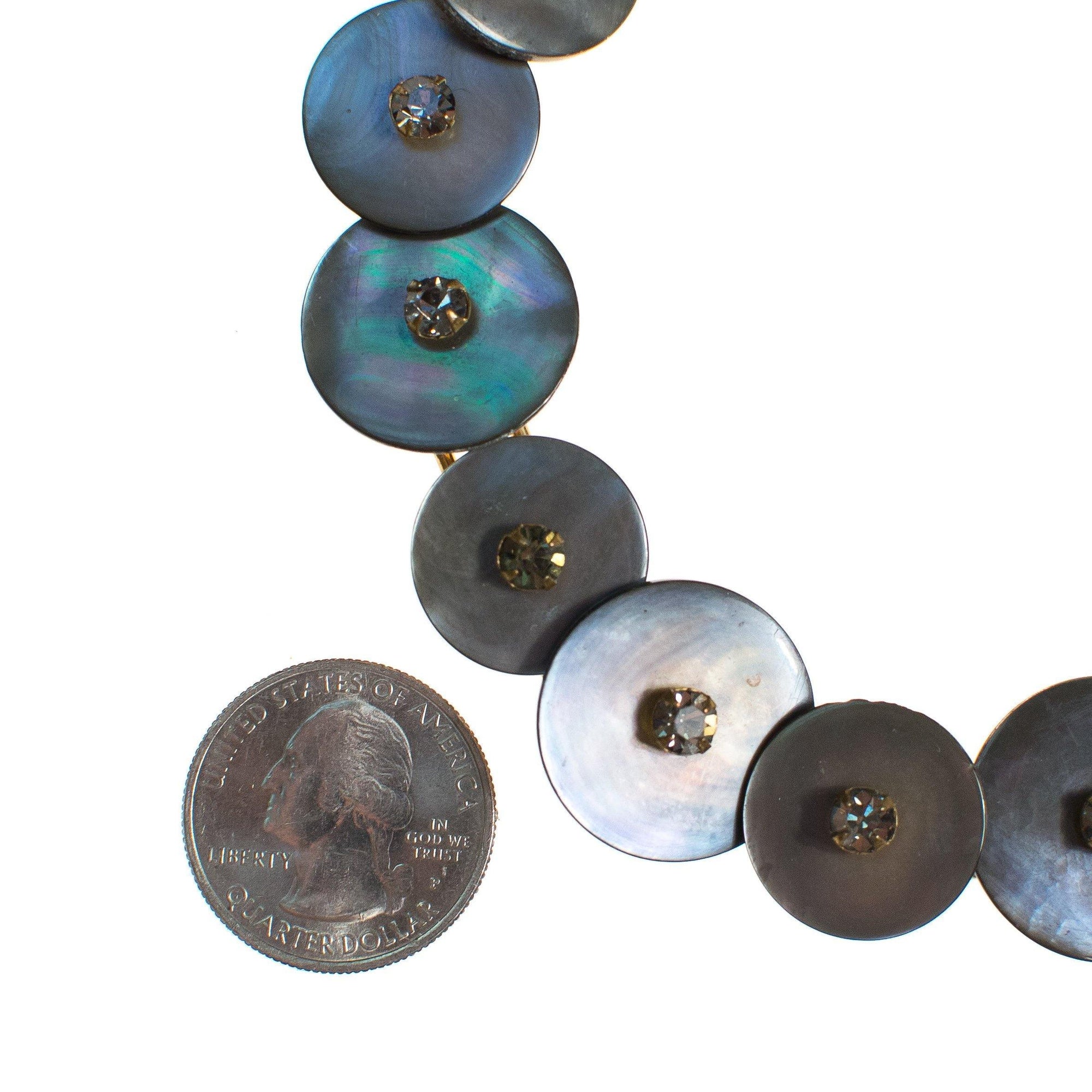 Vintage Gray Mother Of Pearl Button Necklace with Rhinestones by Mother of Pearl - Vintage Meet Modern Vintage Jewelry - Chicago, Illinois - #oldhollywoodglamour #vintagemeetmodern #designervintage #jewelrybox #antiquejewelry #vintagejewelry