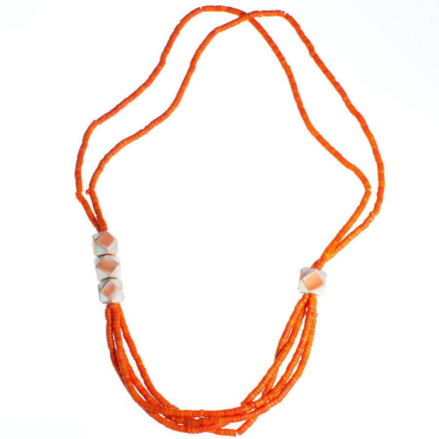 Vintage Orange Beaded Necklace, Multi-strand, Orange Lucite Beads, Geometric Beads by Artisan - Vintage Meet Modern Vintage Jewelry - Chicago, Illinois - #oldhollywoodglamour #vintagemeetmodern #designervintage #jewelrybox #antiquejewelry #vintagejewelry