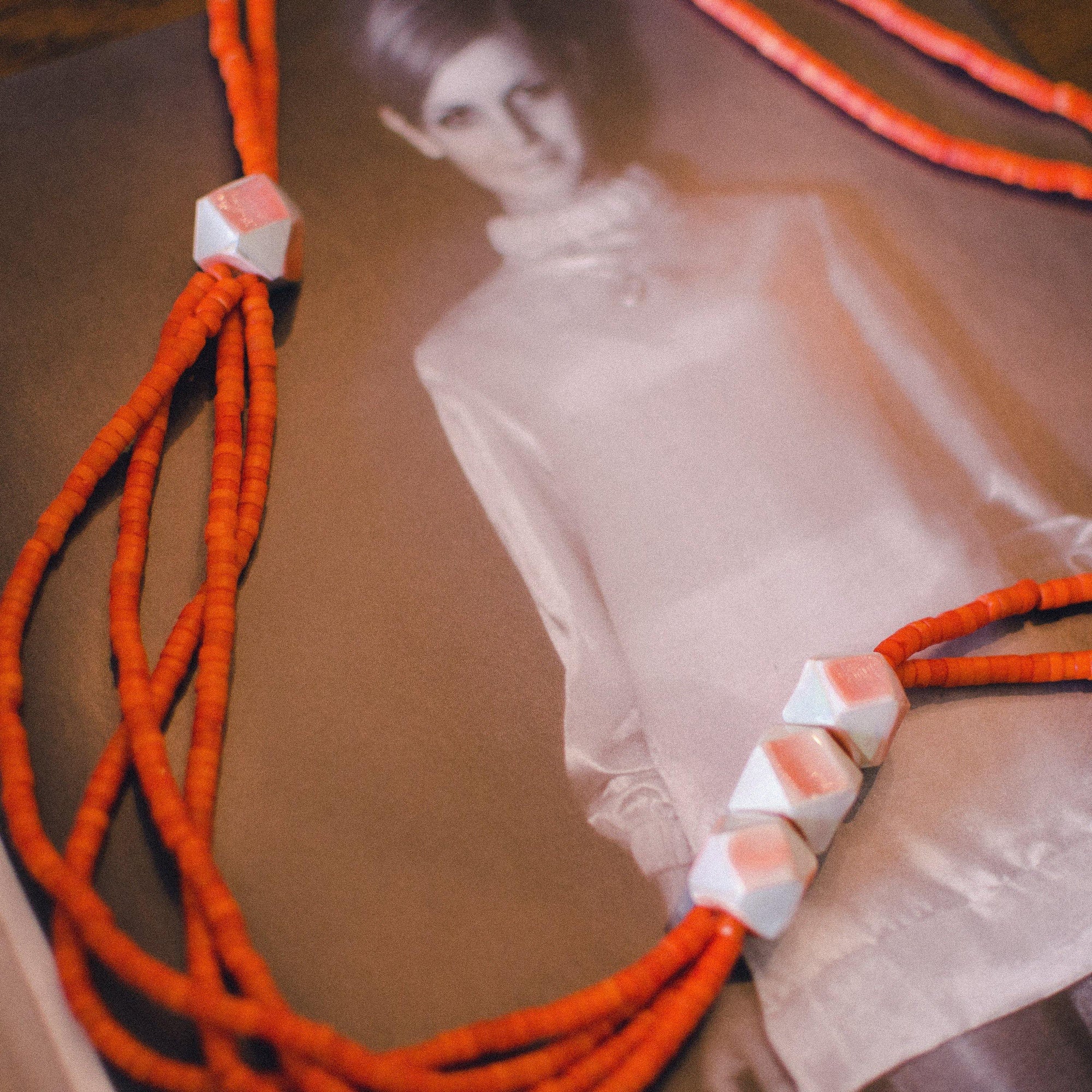 Vintage Orange Beaded Necklace, Multi-strand, Orange Lucite Beads, Geometric Beads by Artisan - Vintage Meet Modern Vintage Jewelry - Chicago, Illinois - #oldhollywoodglamour #vintagemeetmodern #designervintage #jewelrybox #antiquejewelry #vintagejewelry