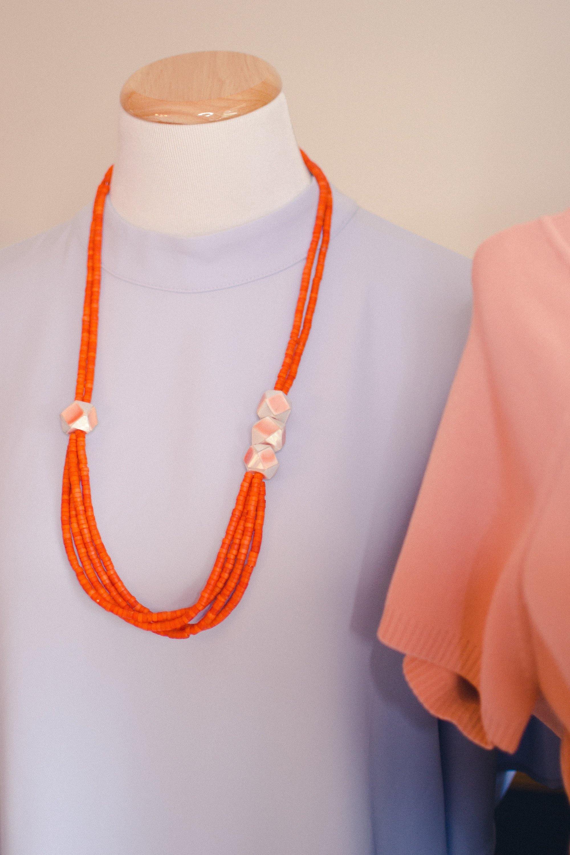 Vintage Orange Beaded Necklace, Multi-strand, Orange Lucite Beads, Geometric Beads by Artisan - Vintage Meet Modern Vintage Jewelry - Chicago, Illinois - #oldhollywoodglamour #vintagemeetmodern #designervintage #jewelrybox #antiquejewelry #vintagejewelry