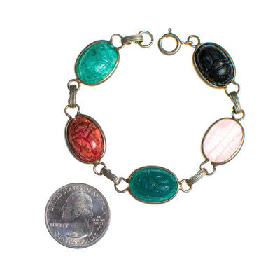 Vintage Semi Precious Gemstone Scarab Bracelet Quartz, Onyx, Jade, Rose Quartz by 1960s - Vintage Meet Modern Vintage Jewelry - Chicago, Illinois - #oldhollywoodglamour #vintagemeetmodern #designervintage #jewelrybox #antiquejewelry #vintagejewelry