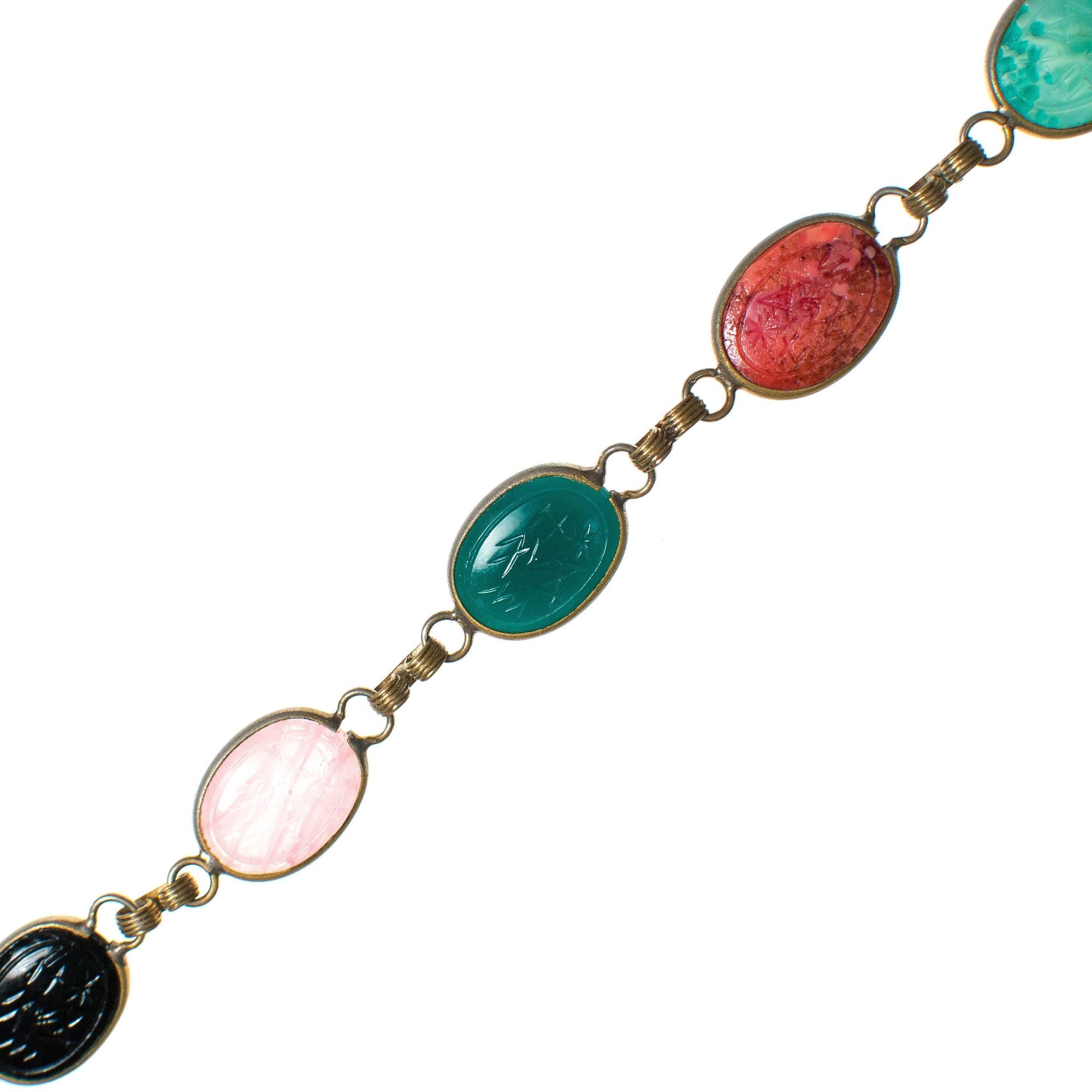 Vintage Semi Precious Gemstone Scarab Bracelet Quartz, Onyx, Jade, Rose Quartz by 1960s - Vintage Meet Modern Vintage Jewelry - Chicago, Illinois - #oldhollywoodglamour #vintagemeetmodern #designervintage #jewelrybox #antiquejewelry #vintagejewelry