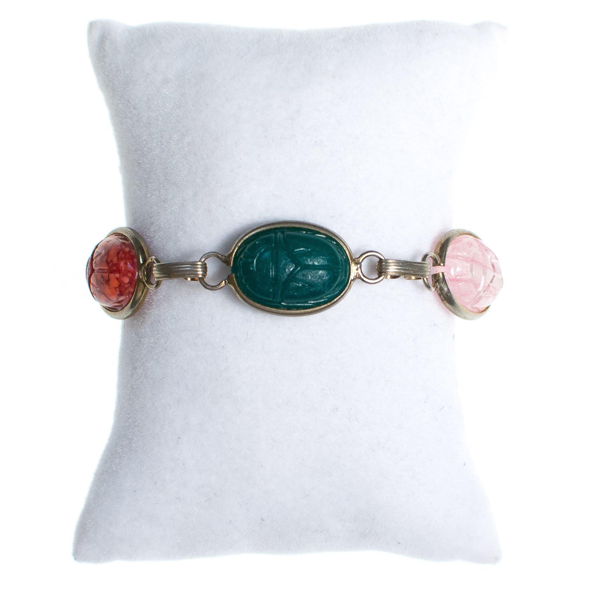 Vintage Semi Precious Gemstone Scarab Bracelet Quartz, Onyx, Jade, Rose Quartz by 1960s - Vintage Meet Modern Vintage Jewelry - Chicago, Illinois - #oldhollywoodglamour #vintagemeetmodern #designervintage #jewelrybox #antiquejewelry #vintagejewelry