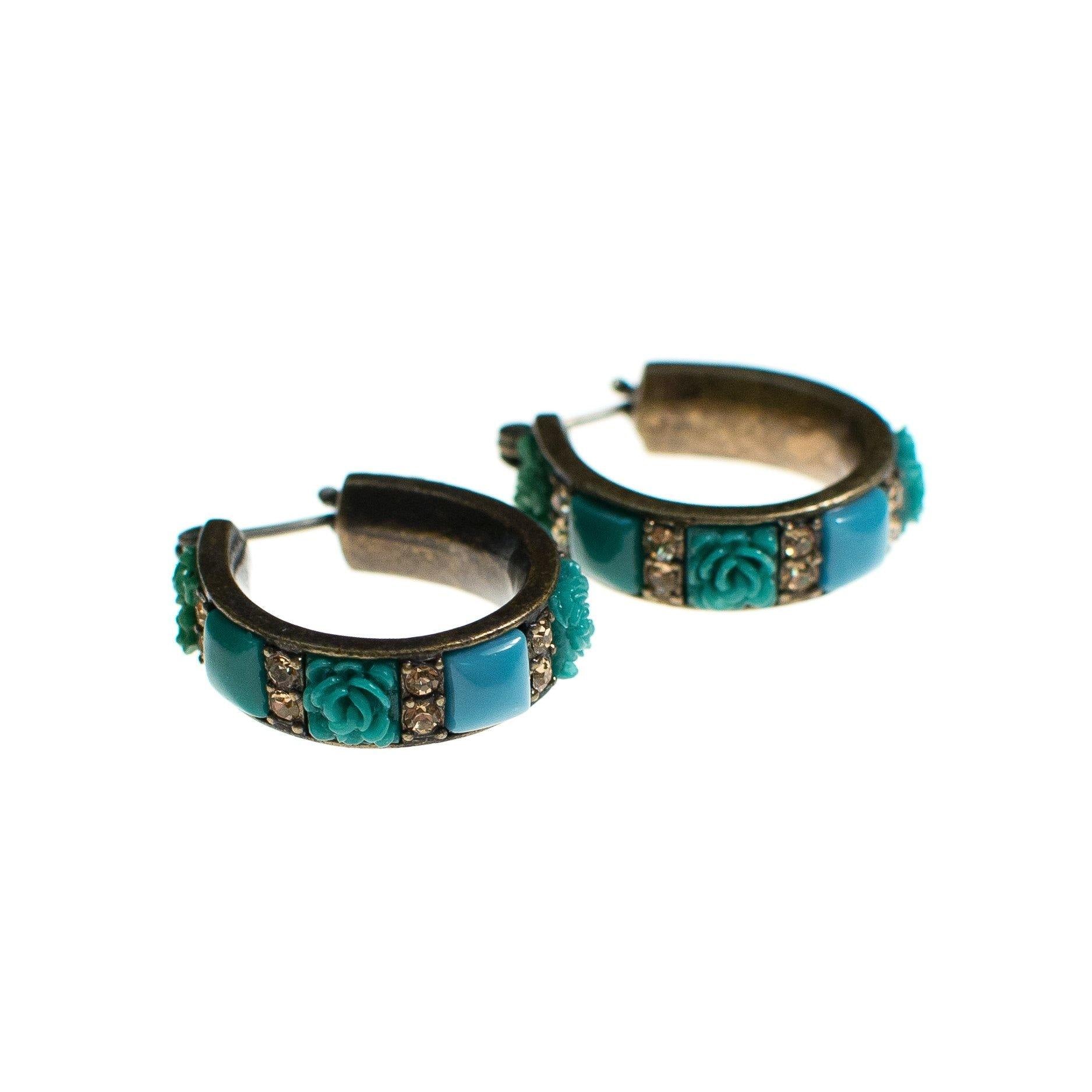 Vintage Turquoise Lucite Flower and Rhinestone Hoop Earrings by LE - Vintage Meet Modern Vintage Jewelry - Chicago, Illinois - #oldhollywoodglamour #vintagemeetmodern #designervintage #jewelrybox #antiquejewelry #vintagejewelry