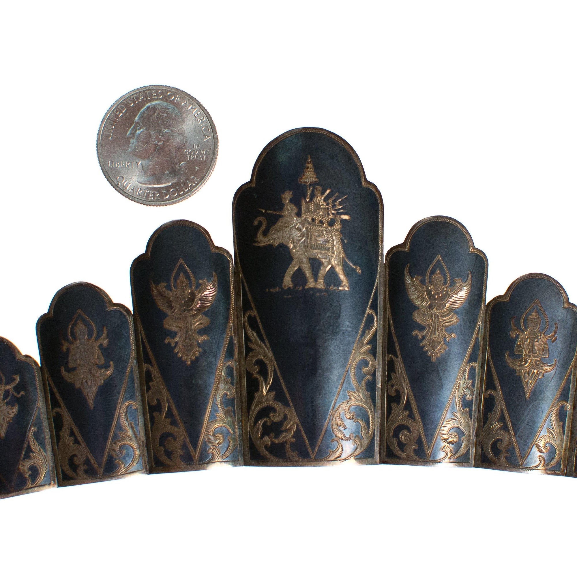 Vintage Thai Nakon Silver Bracelet Scalloped Panel Bracelet with Elephants and Thai Dancers by Thailand - Vintage Meet Modern Vintage Jewelry - Chicago, Illinois - #oldhollywoodglamour #vintagemeetmodern #designervintage #jewelrybox #antiquejewelry #vintagejewelry