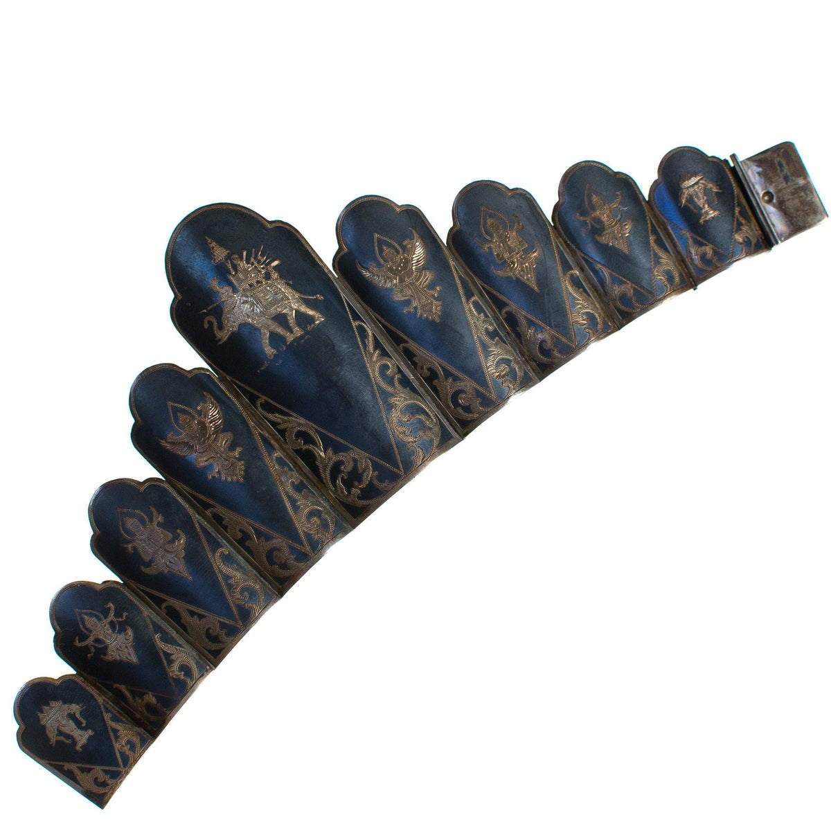 Vintage Thai Nakon Silver Bracelet Scalloped Panel Bracelet with Elephants and Thai Dancers