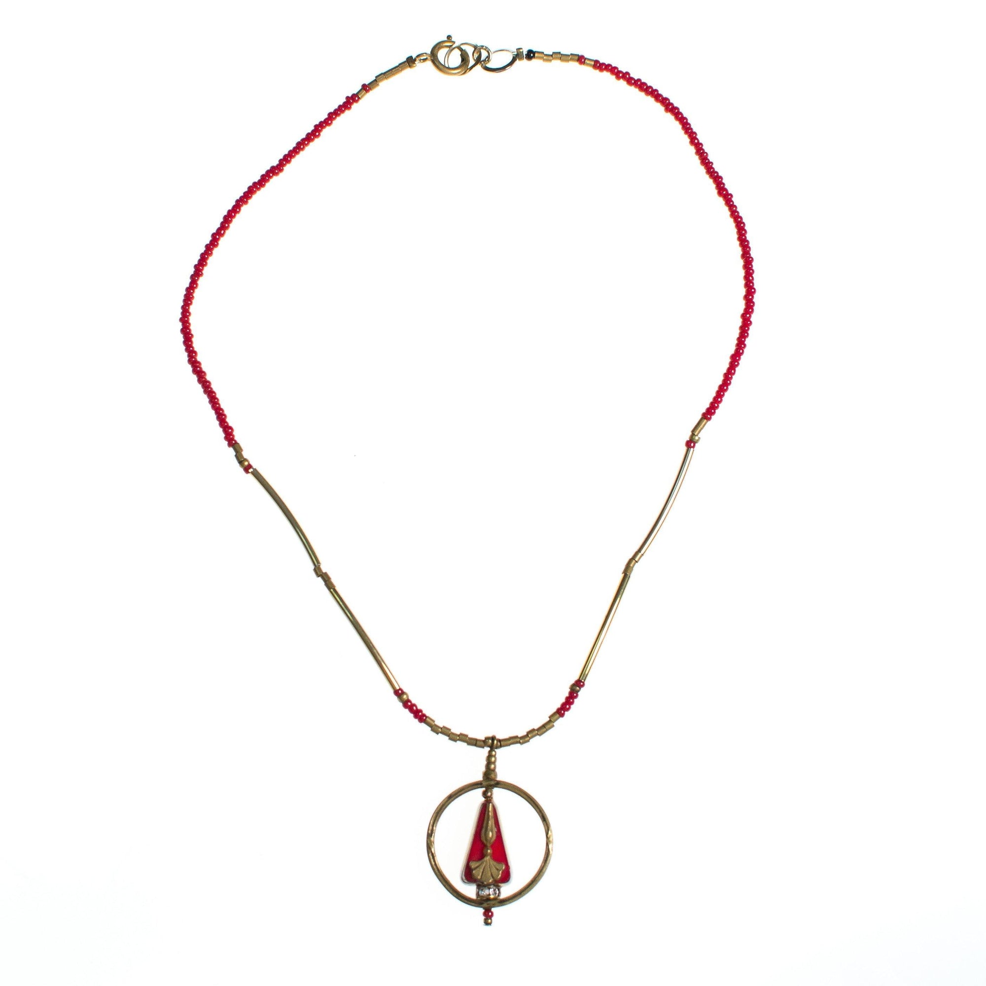 Vintage Art Nouveau Red Glass and Brass Tube Bead Necklace with Gingko Leaf Design by Art Nouveau - Vintage Meet Modern Vintage Jewelry - Chicago, Illinois - #oldhollywoodglamour #vintagemeetmodern #designervintage #jewelrybox #antiquejewelry #vintagejewelry
