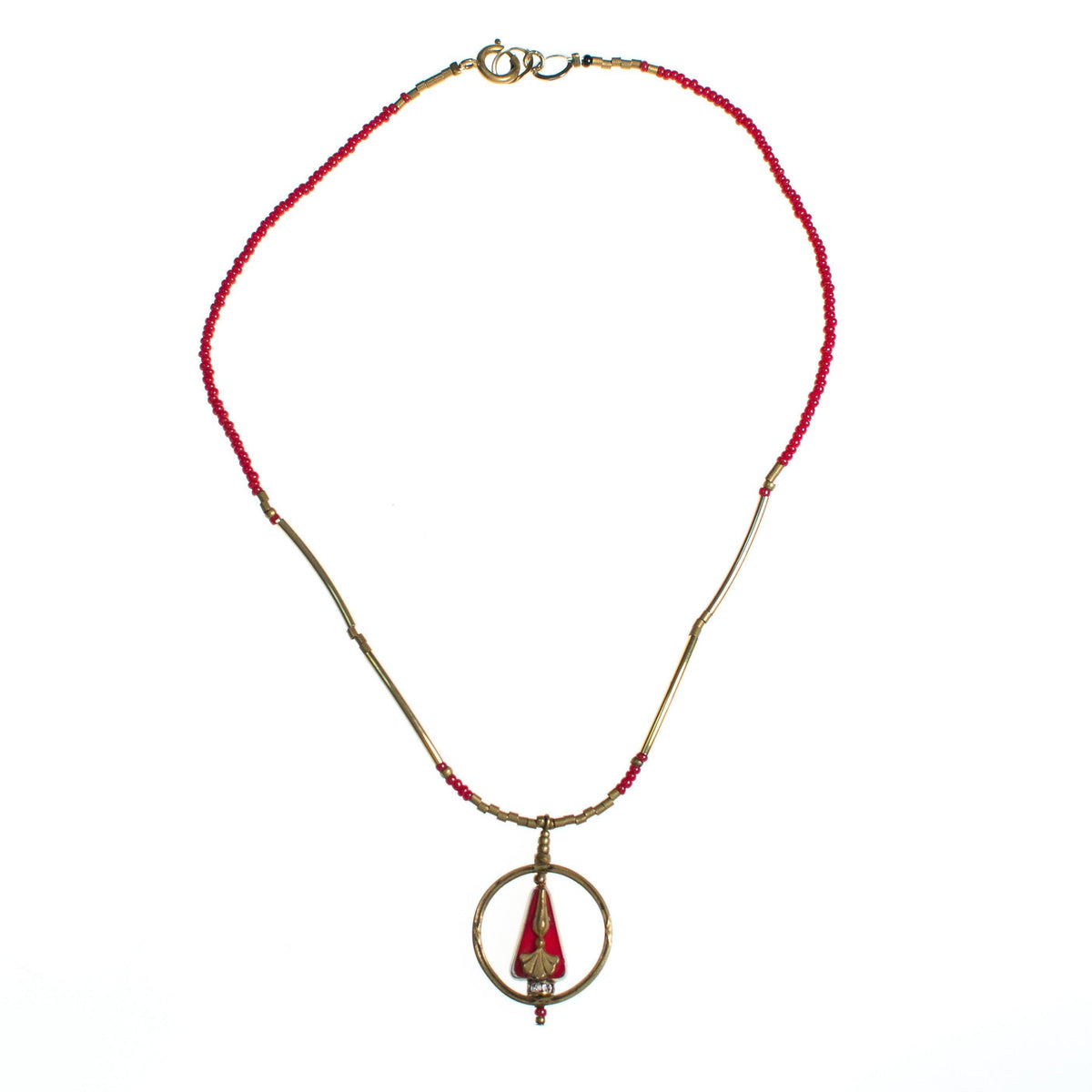 Vintage Art Nouveau Red Glass and Brass Tube Bead Necklace with Gingko Leaf Design