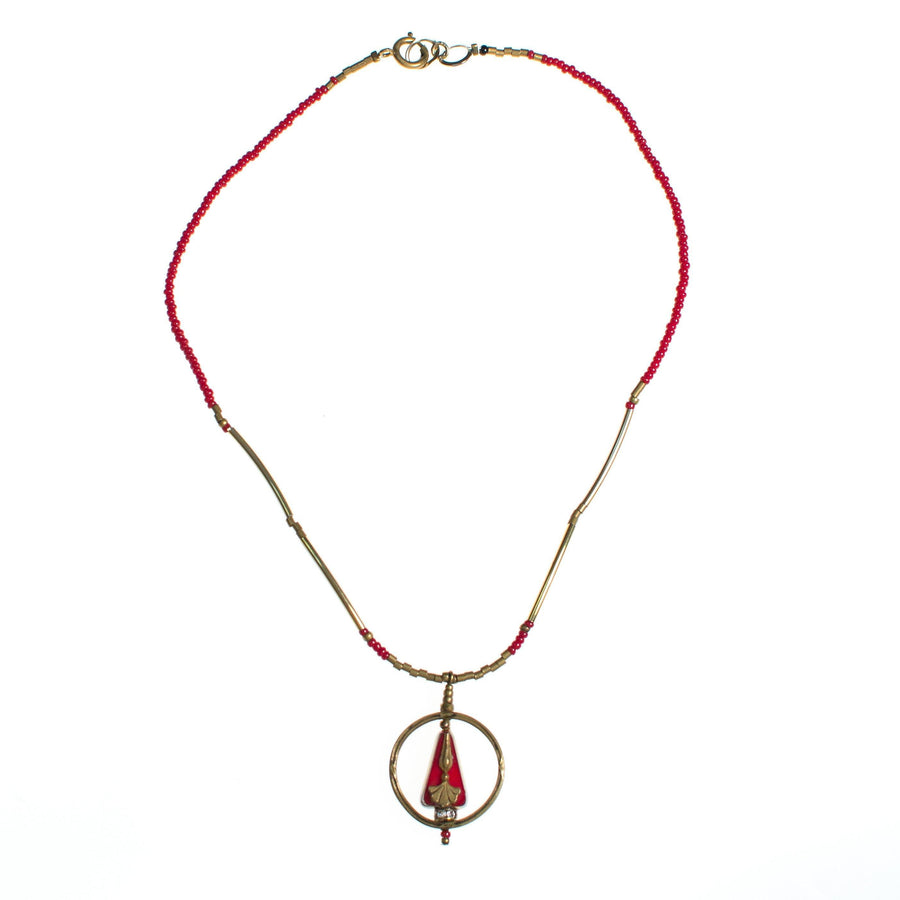 Vintage Art Nouveau Red Glass and Brass Tube Bead Necklace with Gingko Leaf Design by Art Nouveau - Vintage Meet Modern Vintage Jewelry - Chicago, Illinois - #oldhollywoodglamour #vintagemeetmodern #designervintage #jewelrybox #antiquejewelry #vintagejewelry