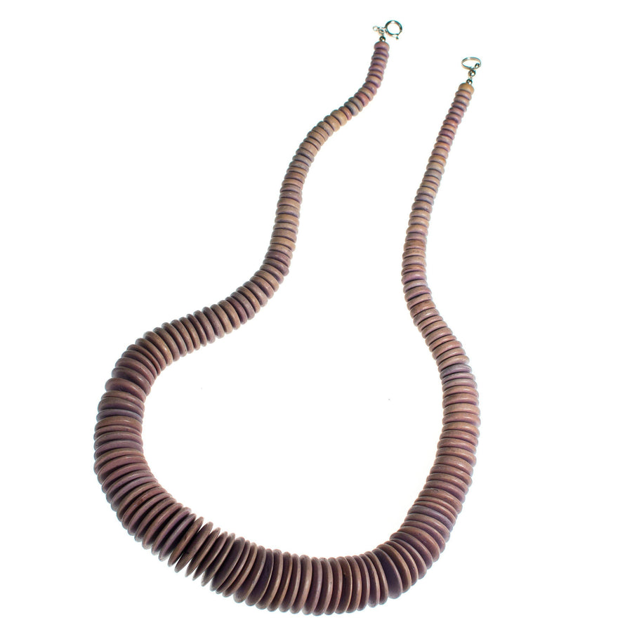 Vintage Chunky Lavender Dyed Wood Disc Beads Graduated Necklace by Artisan - Vintage Meet Modern Vintage Jewelry - Chicago, Illinois - #oldhollywoodglamour #vintagemeetmodern #designervintage #jewelrybox #antiquejewelry #vintagejewelry