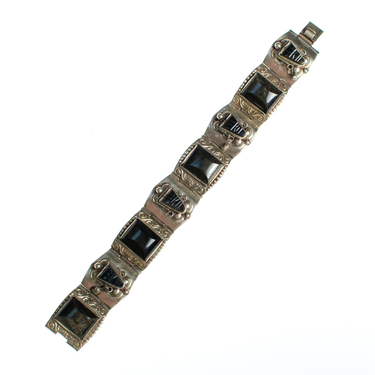 Vintage Made in Mexico Brown Agate Carved Faces Panel Alpaca Bracelet