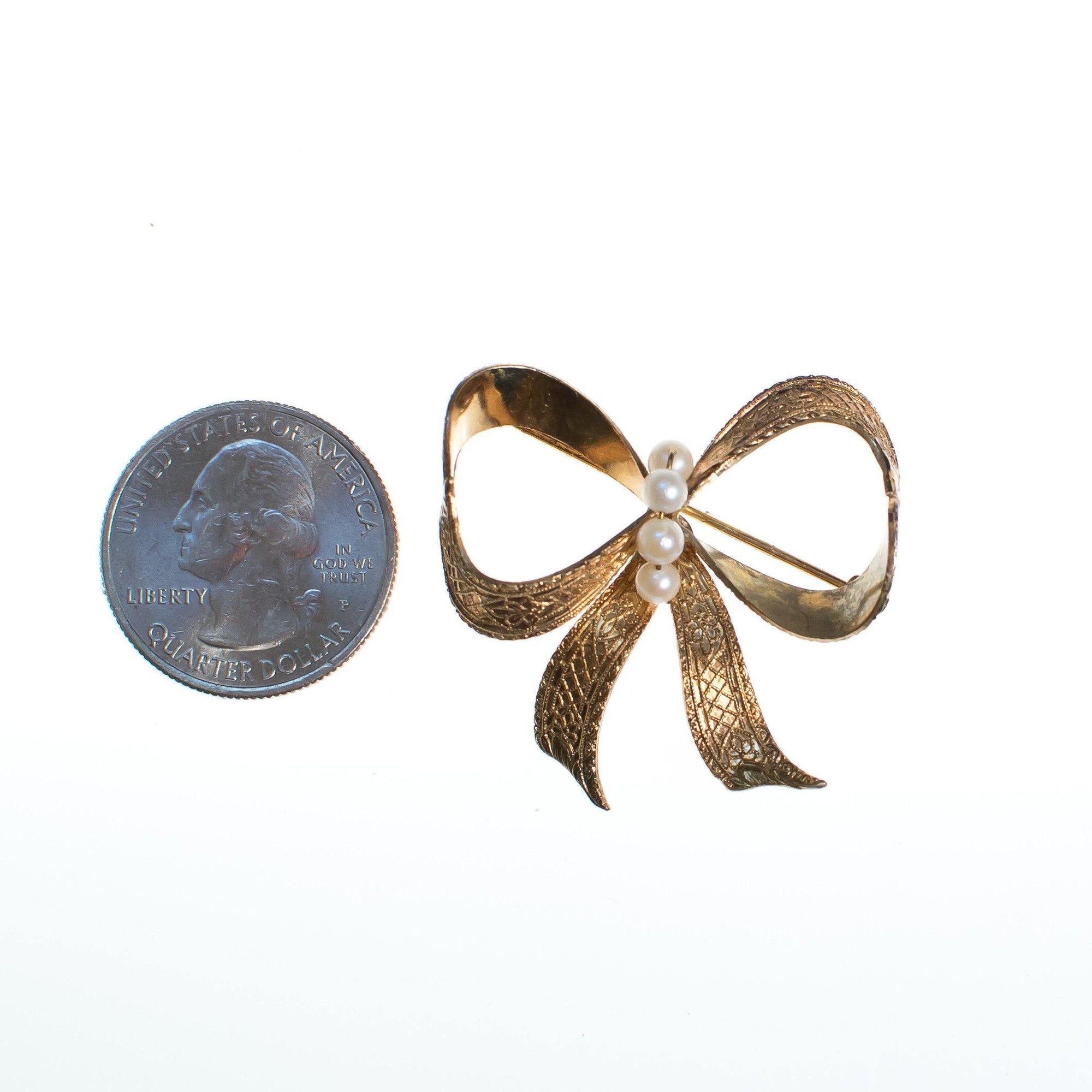 Vintage Victorian Inspired 1/20 12kt Gold Filled Bow Brooch with Pearls by 1930s - Vintage Meet Modern Vintage Jewelry - Chicago, Illinois - #oldhollywoodglamour #vintagemeetmodern #designervintage #jewelrybox #antiquejewelry #vintagejewelry