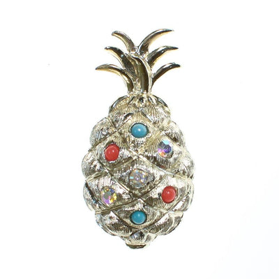 Vintage Mid Century Modern Gold Pineapple Brooch with Rhinestones and Coral and Turquoise Beads by 1960s - Vintage Meet Modern Vintage Jewelry - Chicago, Illinois - #oldhollywoodglamour #vintagemeetmodern #designervintage #jewelrybox #antiquejewelry #vintagejewelry