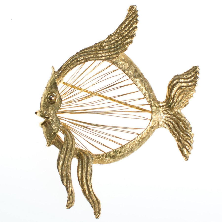 Vintage Monet Mid Century Modern Gold Wired Fish Brooch by Monet - Vintage Meet Modern Vintage Jewelry - Chicago, Illinois - #oldhollywoodglamour #vintagemeetmodern #designervintage #jewelrybox #antiquejewelry #vintagejewelry