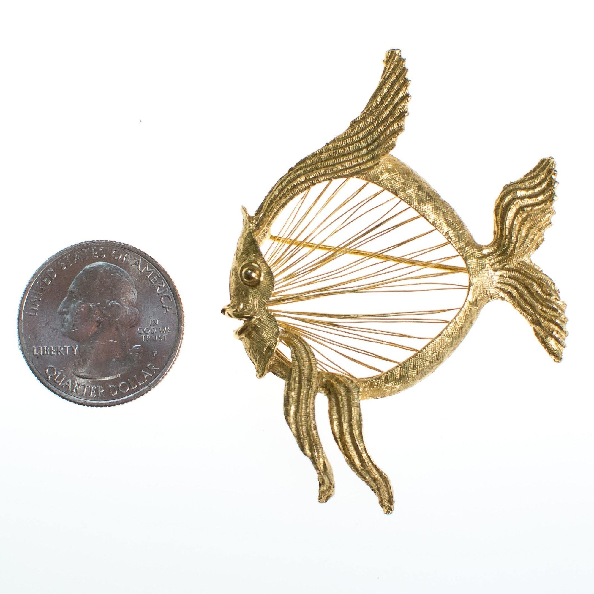 Vintage Monet Mid Century Modern Gold Wired Fish Brooch by Monet - Vintage Meet Modern Vintage Jewelry - Chicago, Illinois - #oldhollywoodglamour #vintagemeetmodern #designervintage #jewelrybox #antiquejewelry #vintagejewelry