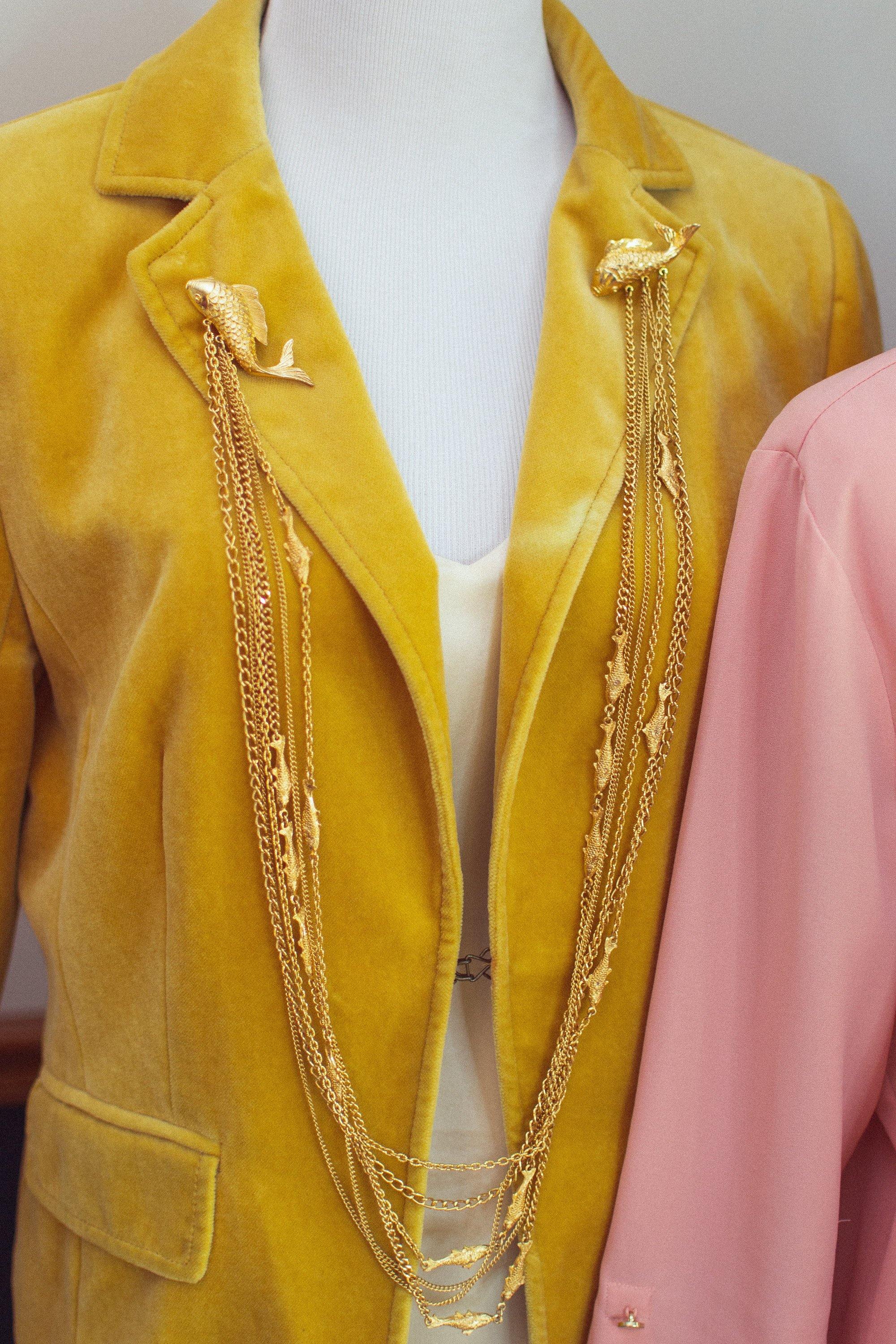 Vintage Long Gold Chatelaine Brooch with Jumping Koi Fish by 1980s - Vintage Meet Modern Vintage Jewelry - Chicago, Illinois - #oldhollywoodglamour #vintagemeetmodern #designervintage #jewelrybox #antiquejewelry #vintagejewelry